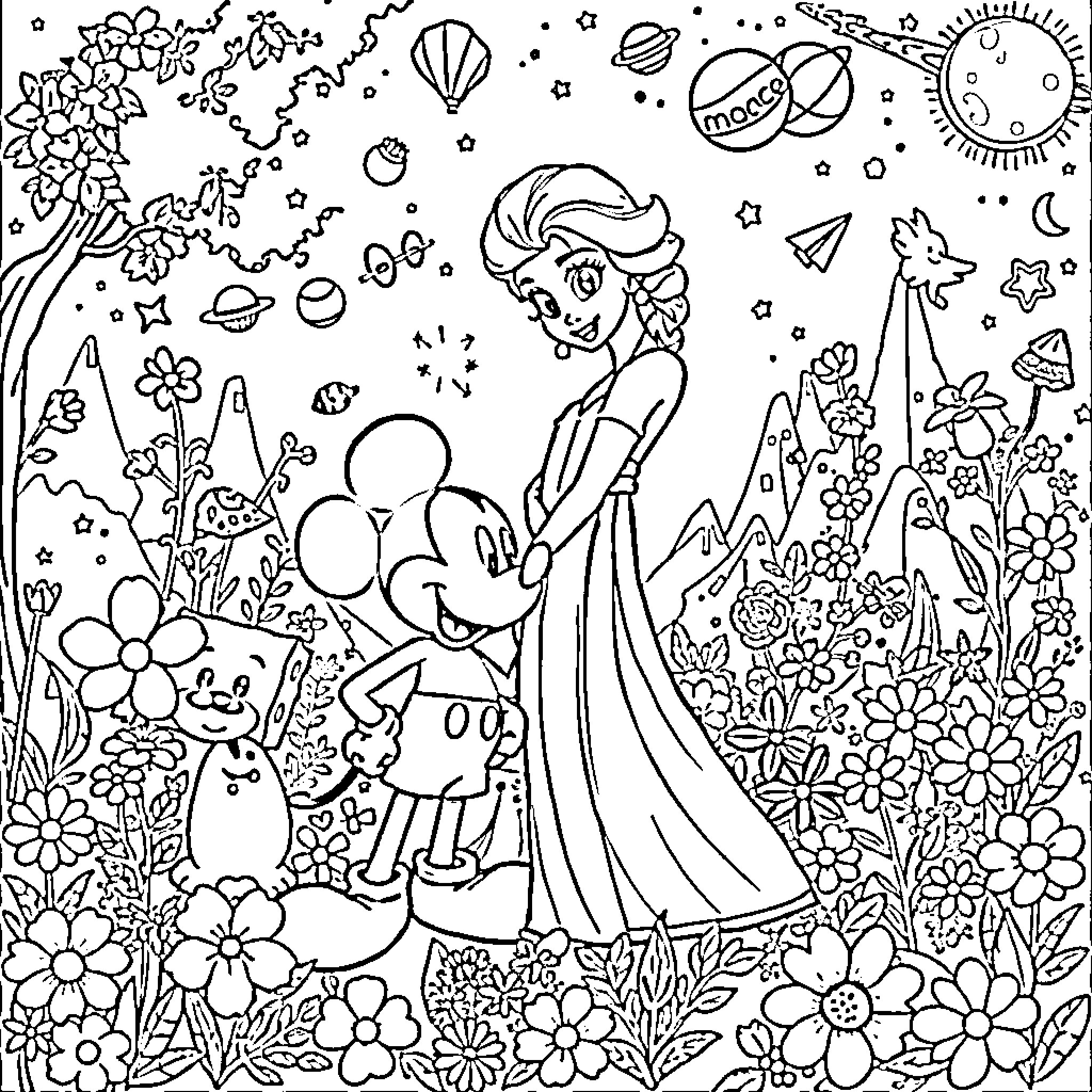 Cartoon Character in a Fantastical Garden Scene Coloring Page (free black-and-white line drawing printable PDF for all, from beginners to advanced learners, including children, teens, adults, and seniors)