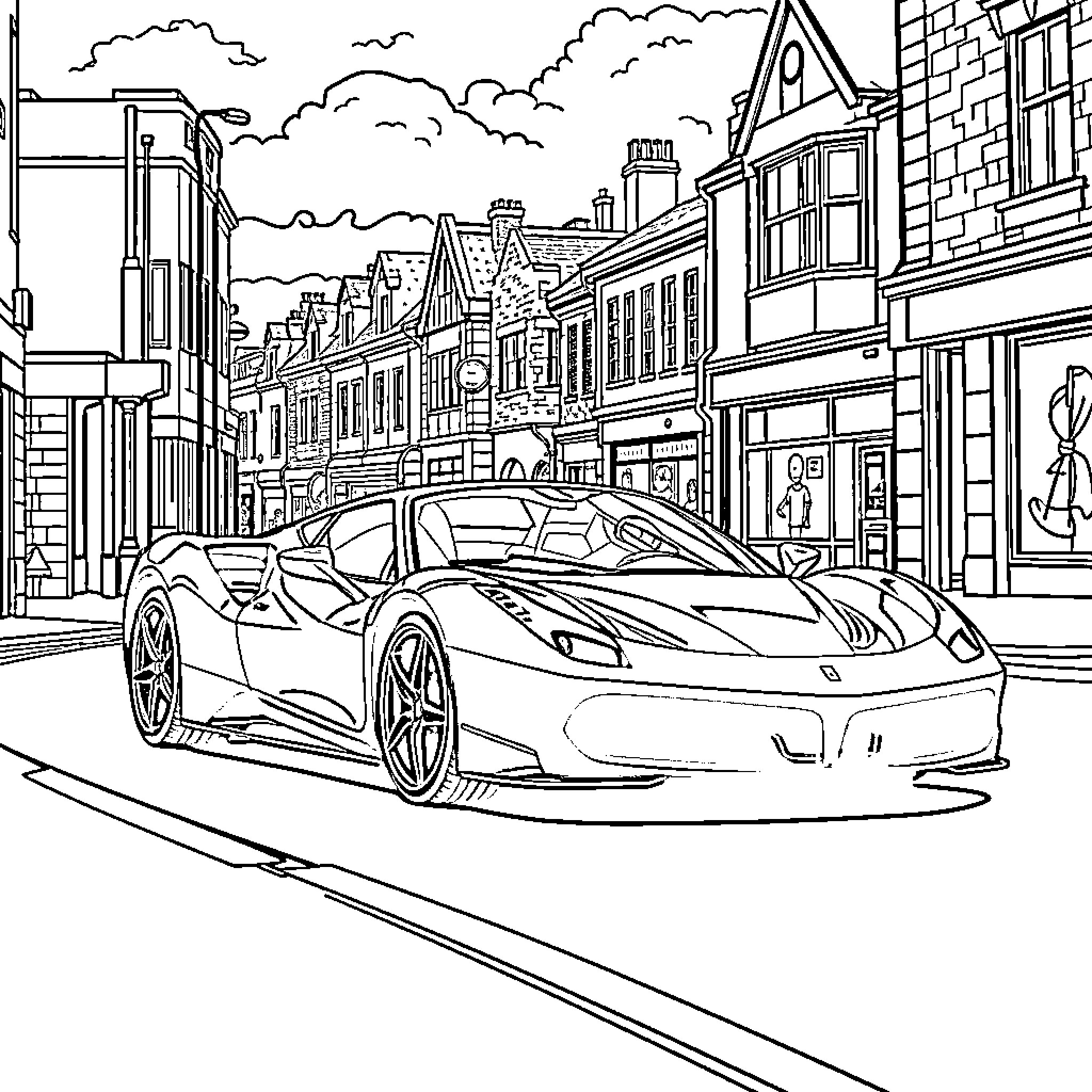 Ferrari sports car on city street Coloring Page (free black-and-white line drawing printable PDF for all, from beginners to advanced learners, including children, teens, adults, and seniors)