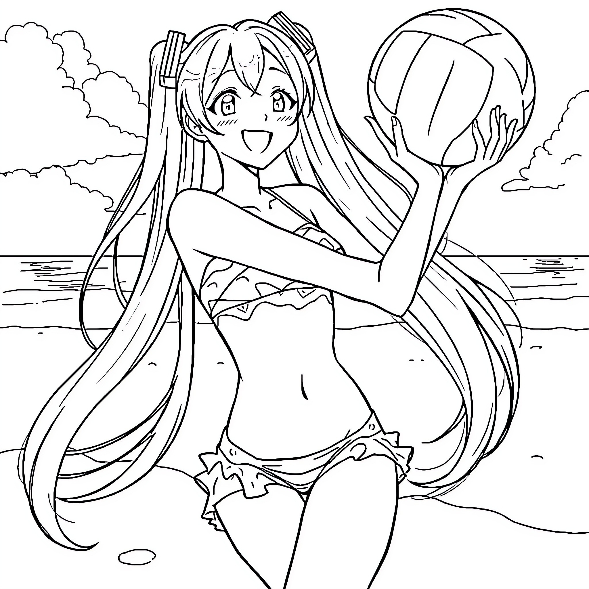 Hatsune Miku enjoying a sunny day at the beach Coloring Page (free black-and-white line drawing printable PDF for all, from beginners to advanced learners, including children, teens, adults, and seniors)