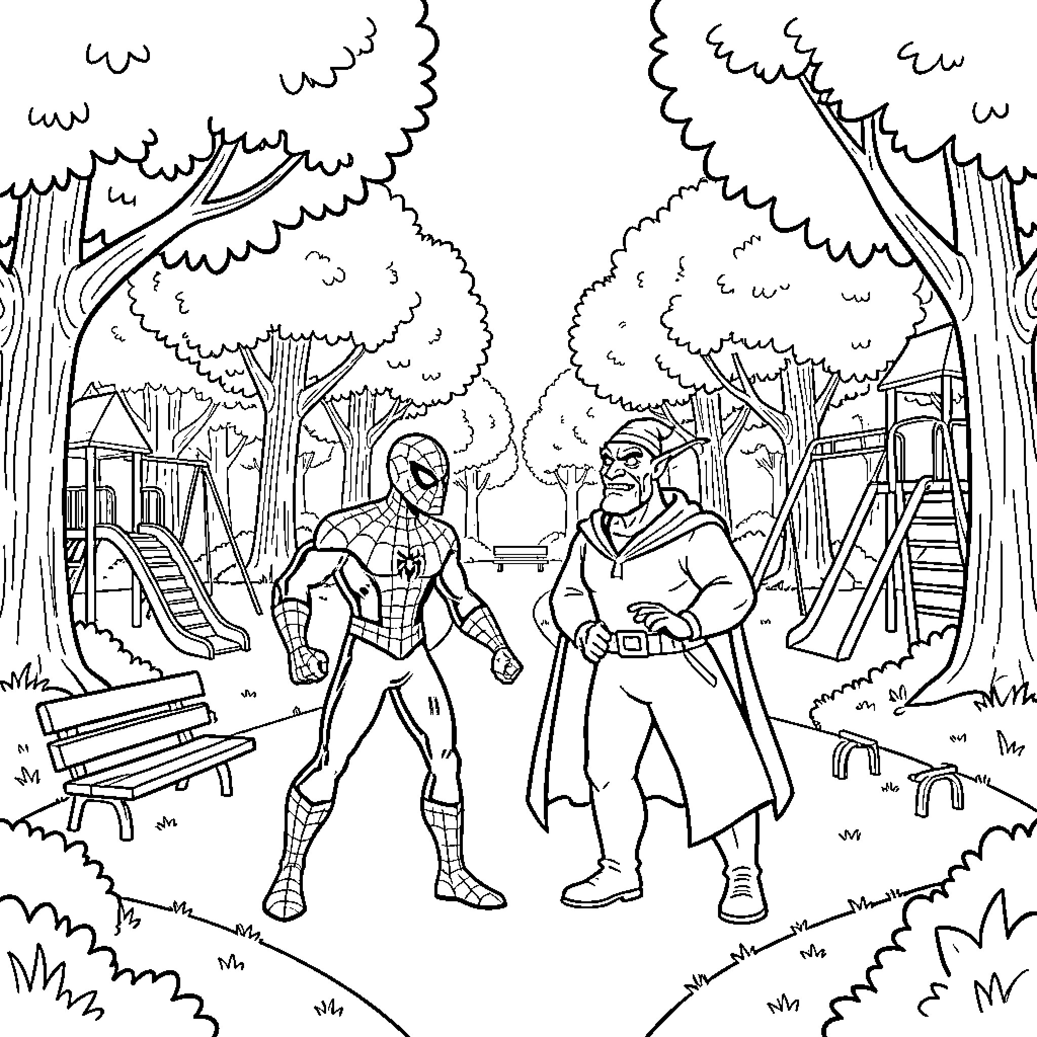 Spidey facing off against a villain in the park Coloring Page (free black-and-white line drawing printable PDF for all, from beginners to advanced learners, including children, teens, adults, and seniors)