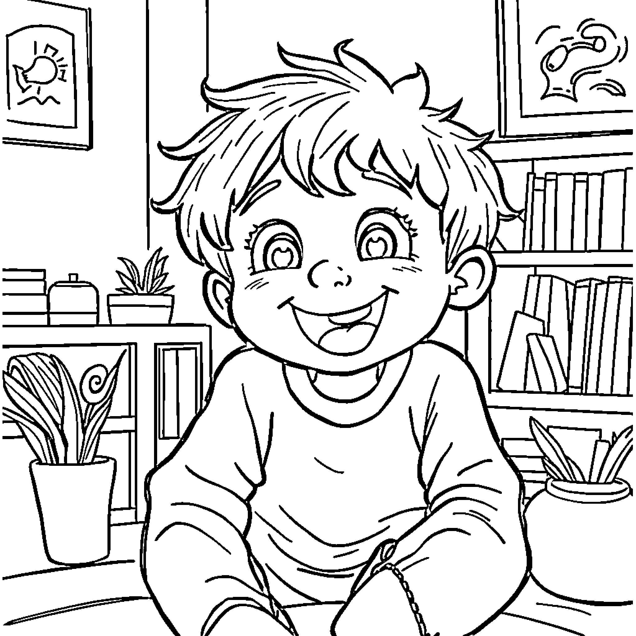 Kid enjoying a cozy day indoors Coloring Page (free black-and-white line drawing printable PDF for all, from beginners to advanced learners, including children, teens, adults, and seniors)