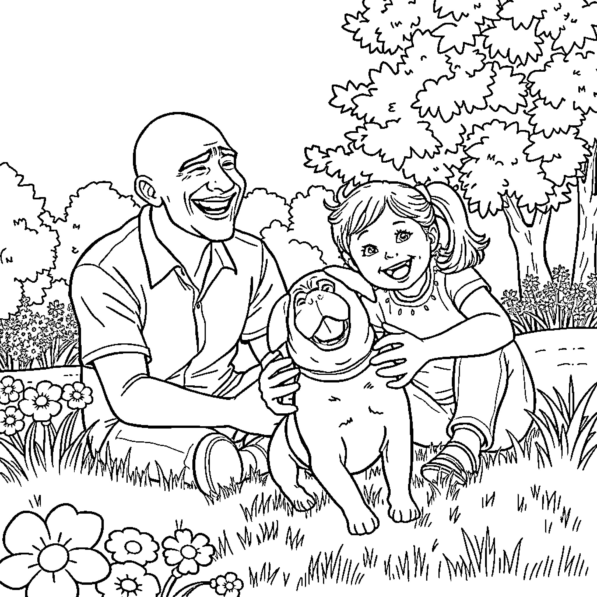 Dad and child playing with a dog in the park Coloring Page (free black-and-white line drawing printable PDF for all, from beginners to advanced learners, including children, teens, adults, and seniors)
