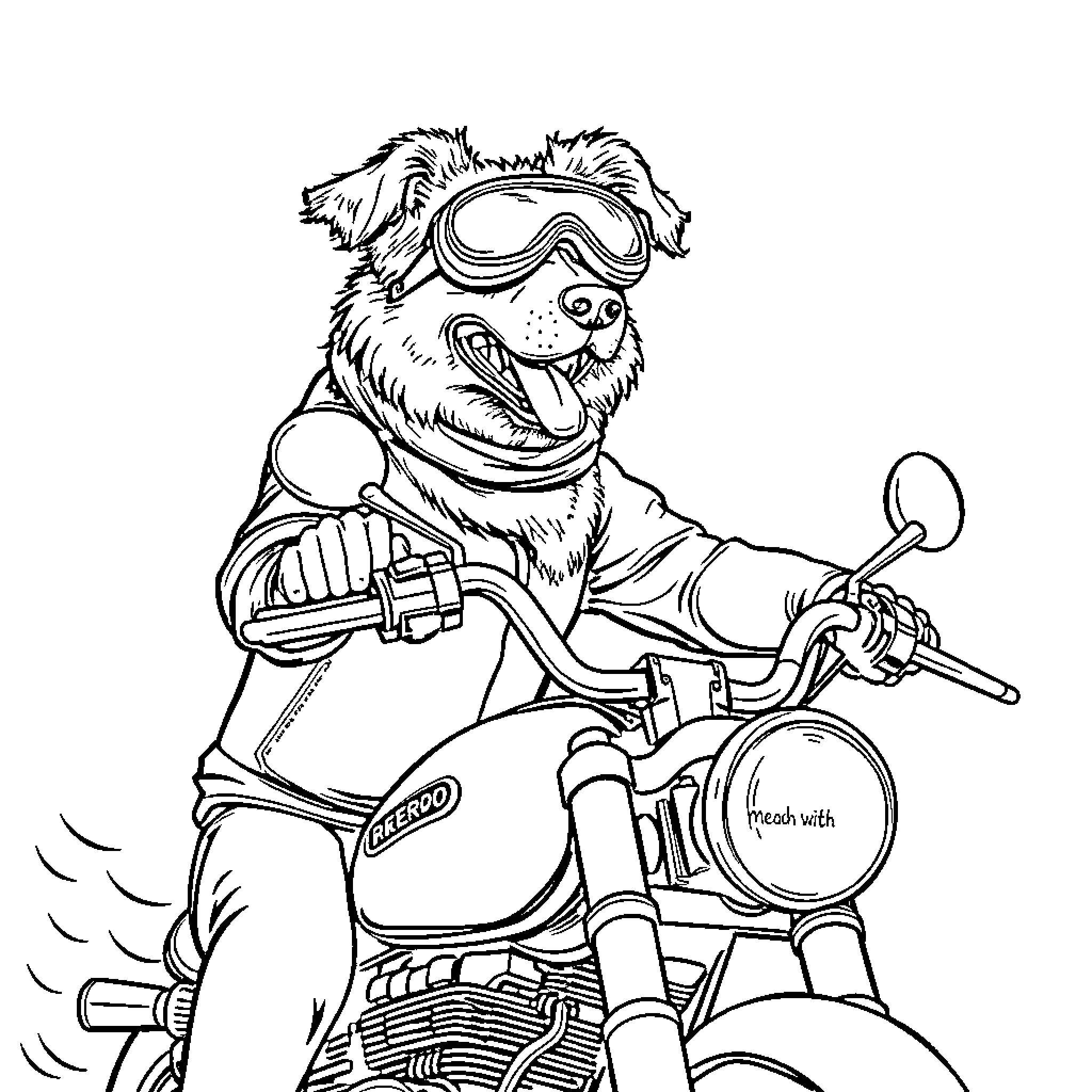 Dog riding motorcycle with goggles and scarf Coloring Page (free black-and-white line drawing printable PDF for all, from beginners to advanced learners, including children, teens, adults, and seniors)