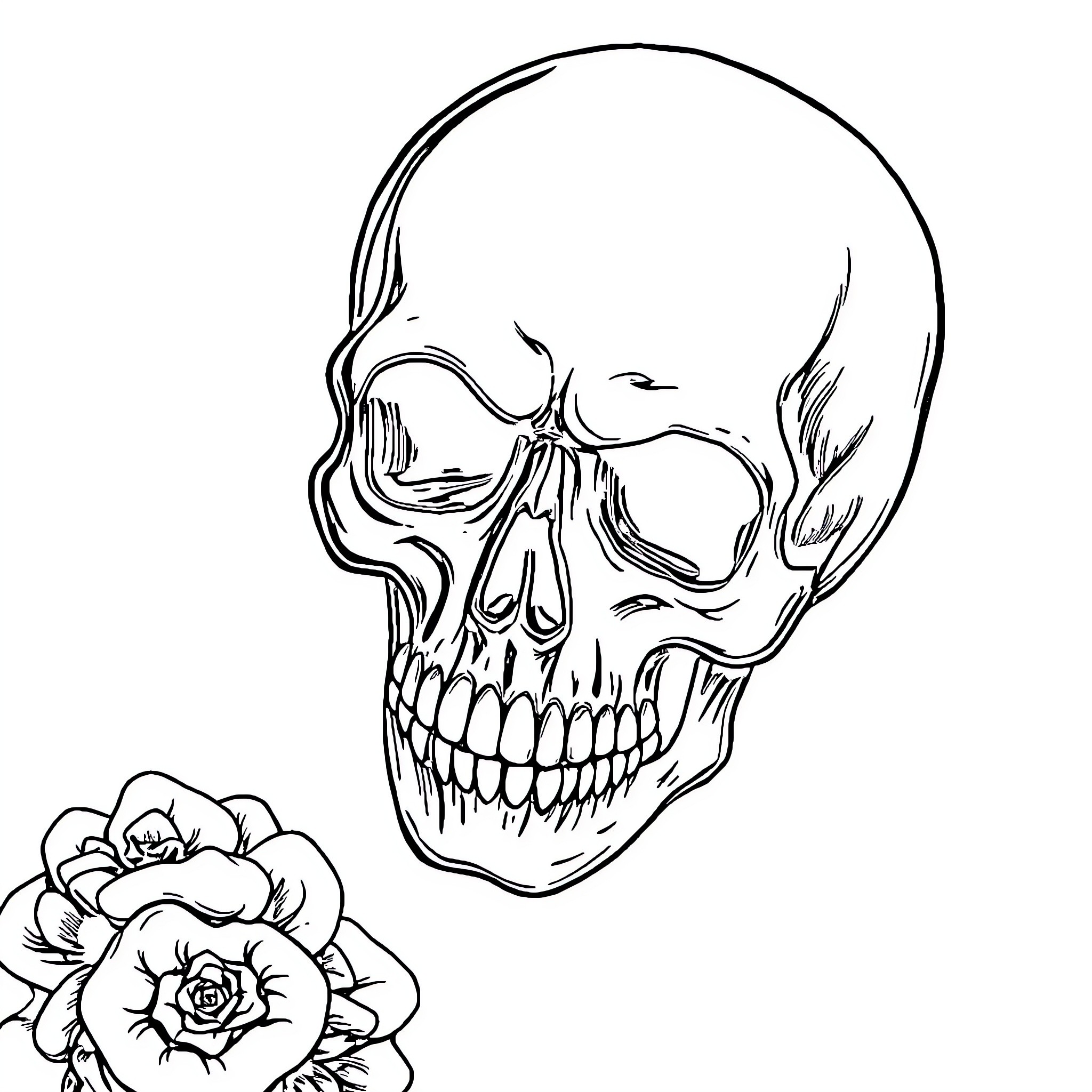 Skull gazing upon delicate roses Coloring Page (free black-and-white line drawing printable PDF for all, from beginners to advanced learners, including children, teens, adults, and seniors)