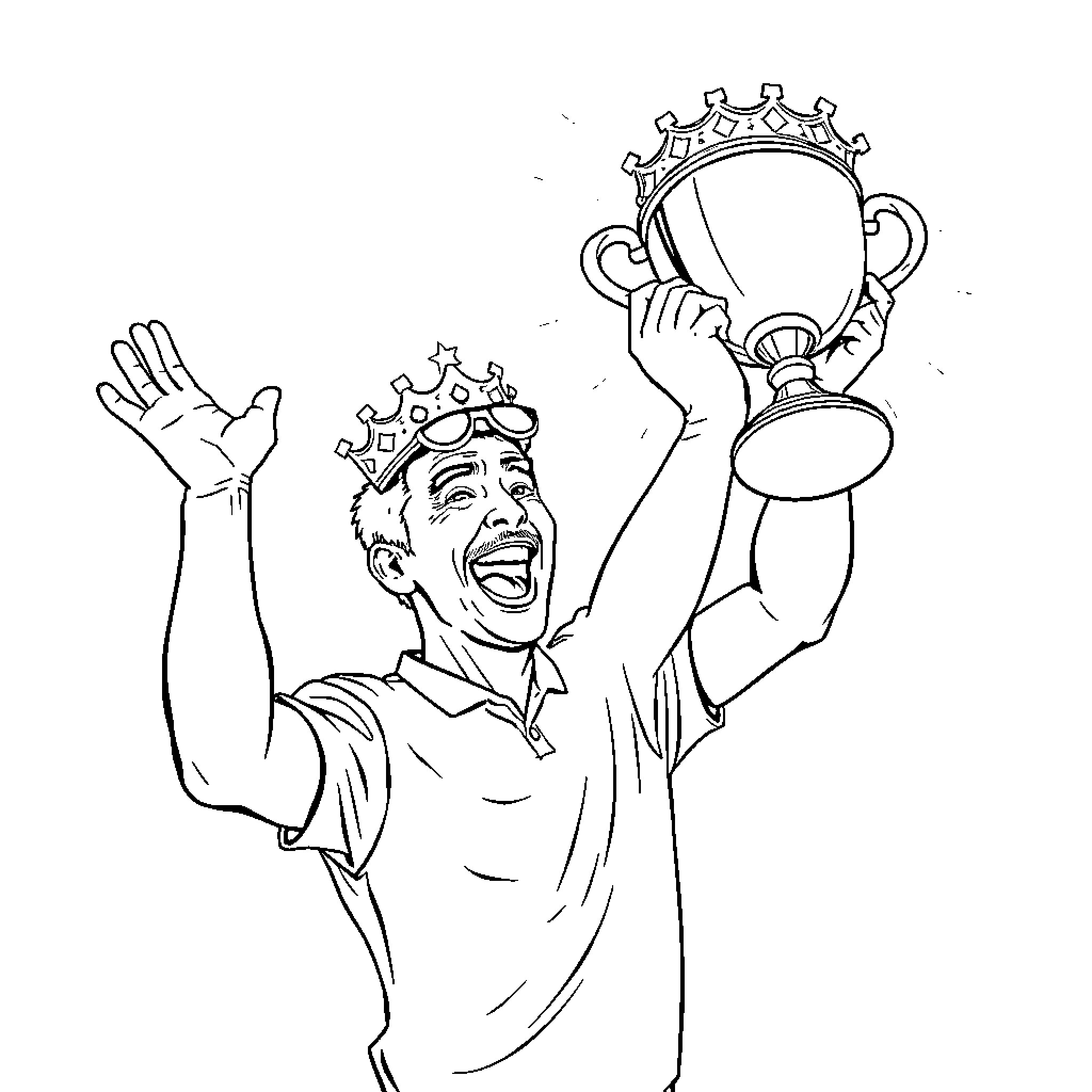 John Robertson celebrates his victory with a trophy Coloring Page (free black-and-white line drawing printable PDF for all, from beginners to advanced learners, including children, teens, adults, and seniors)