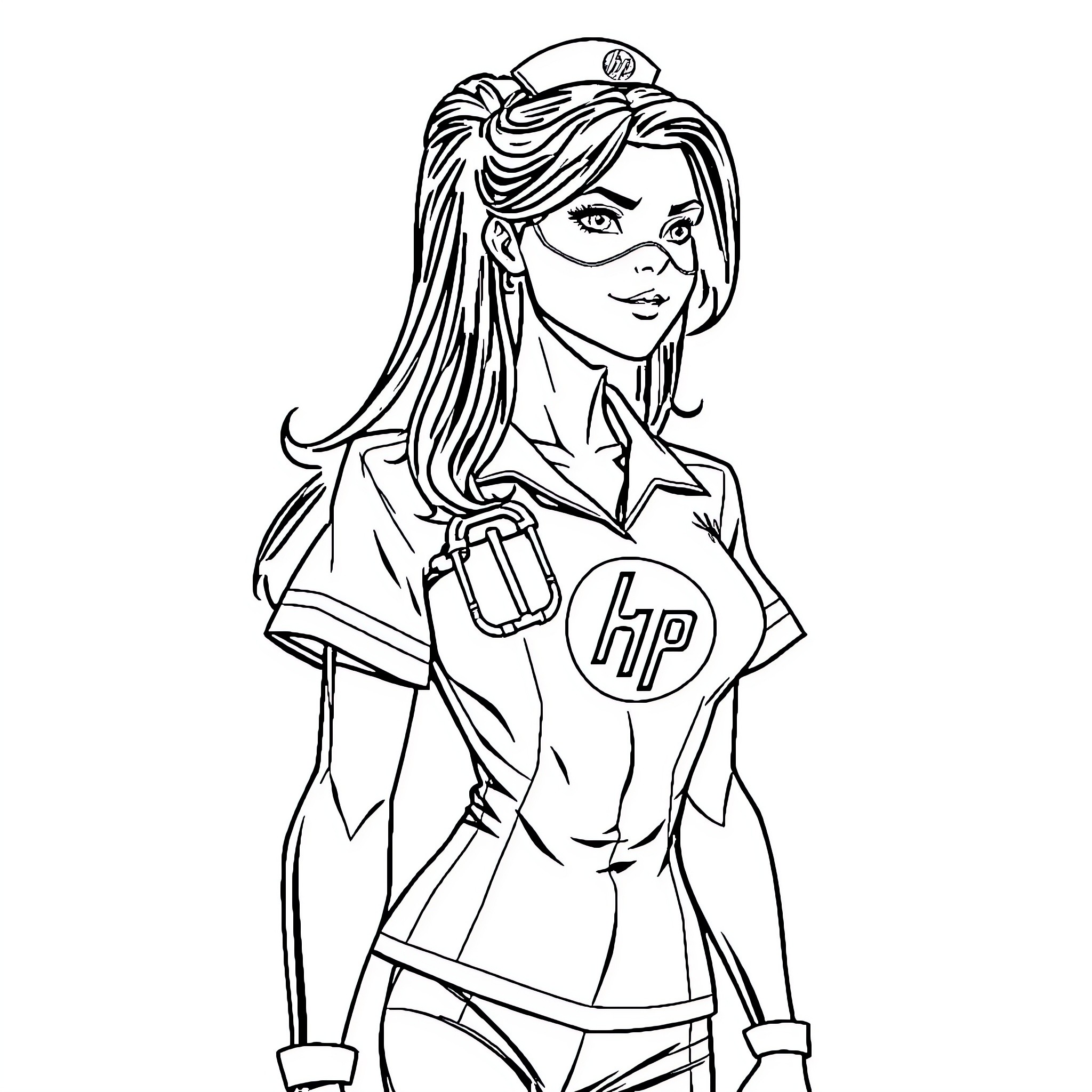 Superhero Woman in Uniform Posing Confidently Coloring Page (free black-and-white line drawing printable PDF for all, from beginners to advanced learners, including children, teens, adults, and seniors)