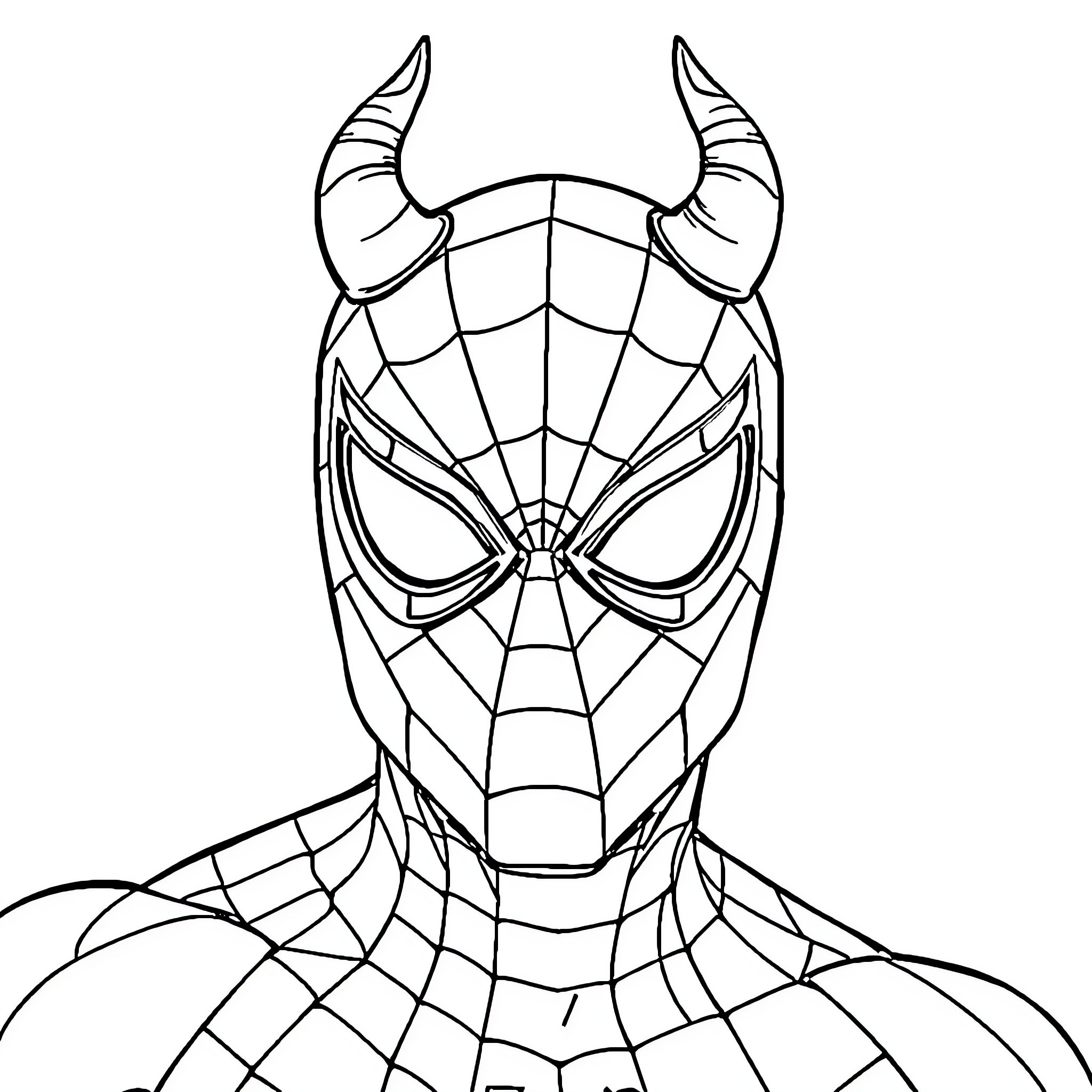 Spiderman with demonic horns and webbed face Coloring Page (free black-and-white line drawing printable PDF for all, from beginners to advanced learners, including children, teens, adults, and seniors)