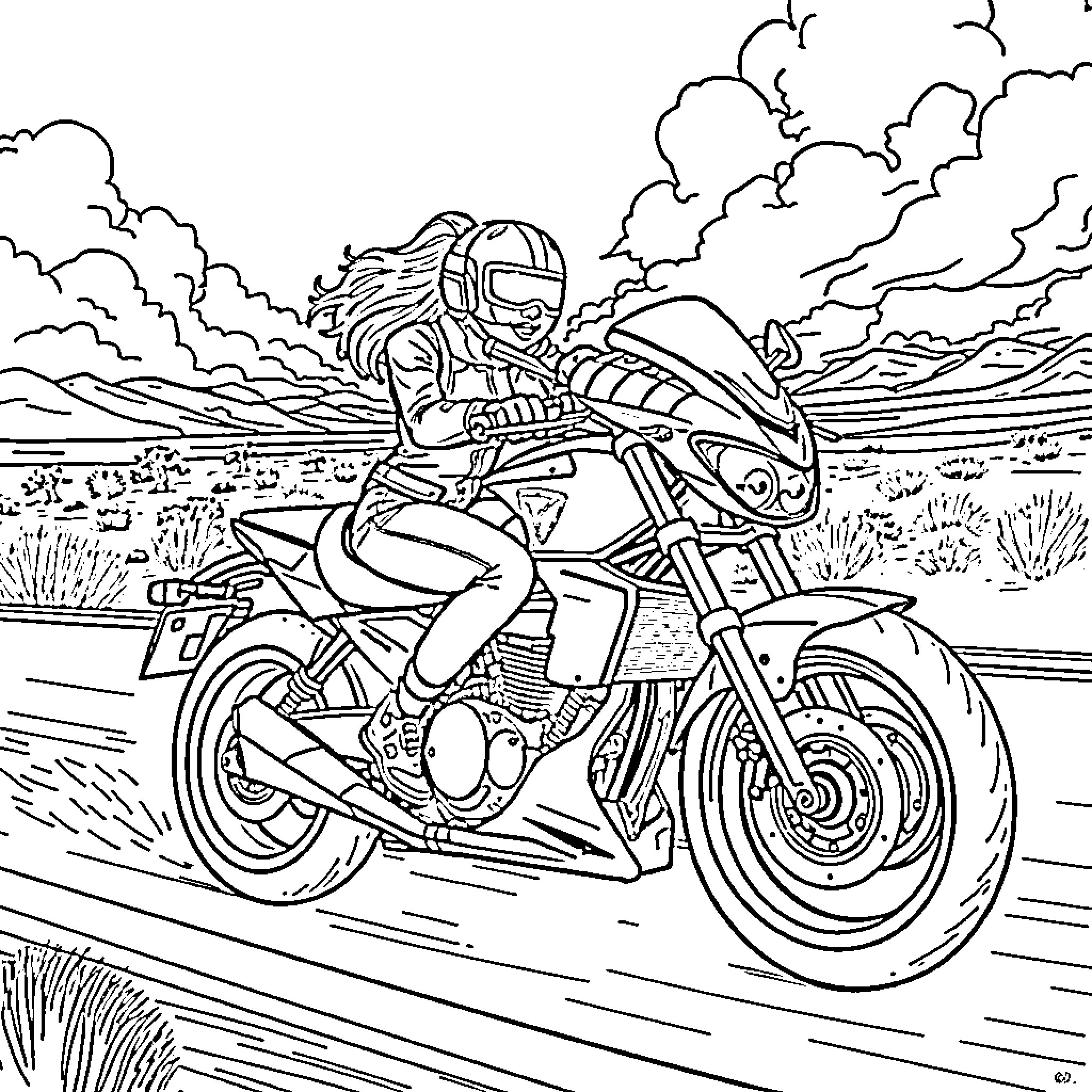 Kenzie Reeves riding a motorcycle through the countryside Coloring Page (free black-and-white line drawing printable PDF for all, from beginners to advanced learners, including children, teens, adults, and seniors)