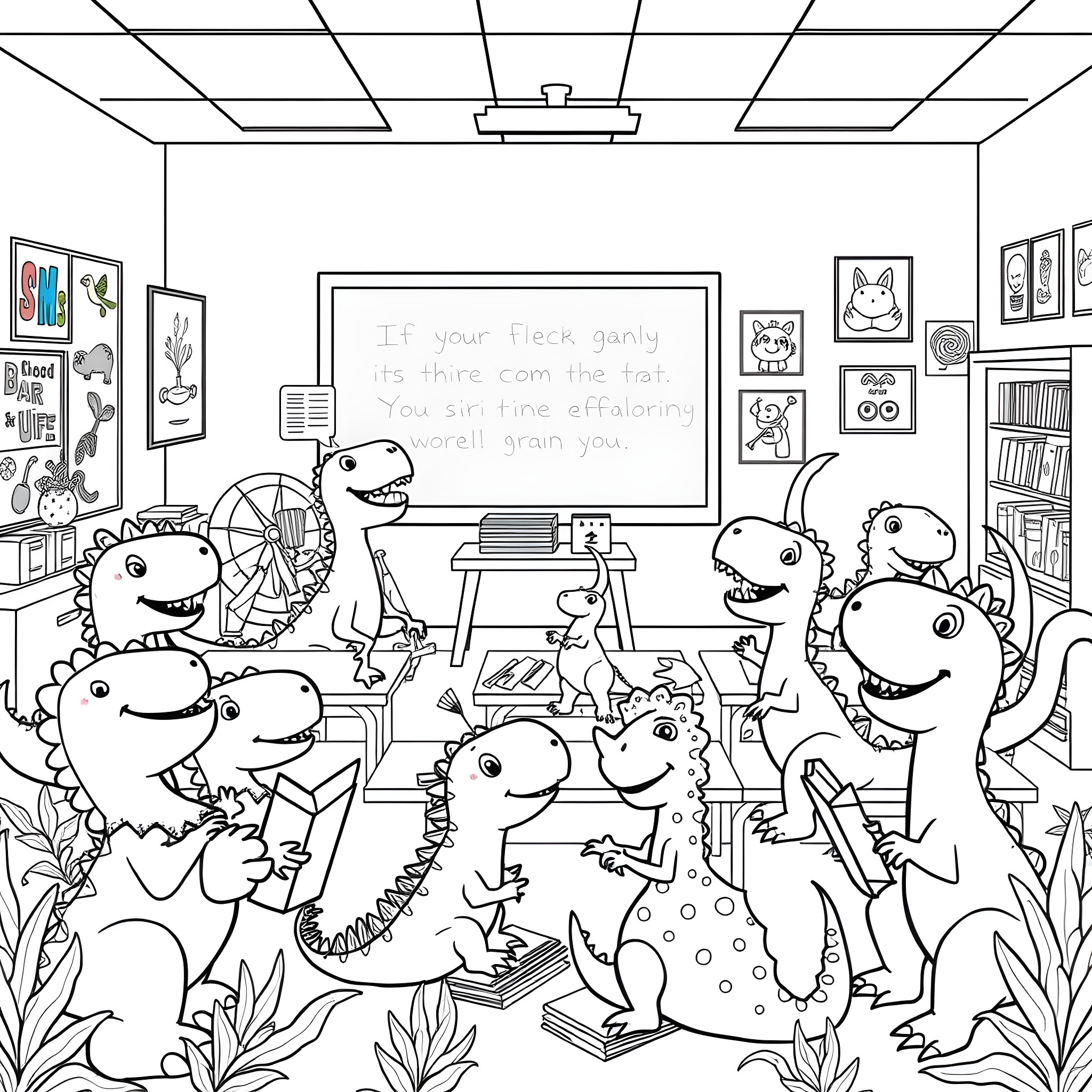 Dinosaurs learning in the classroom Coloring Page (free black-and-white line drawing printable PDF for all, from beginners to advanced learners, including children, teens, adults, and seniors)