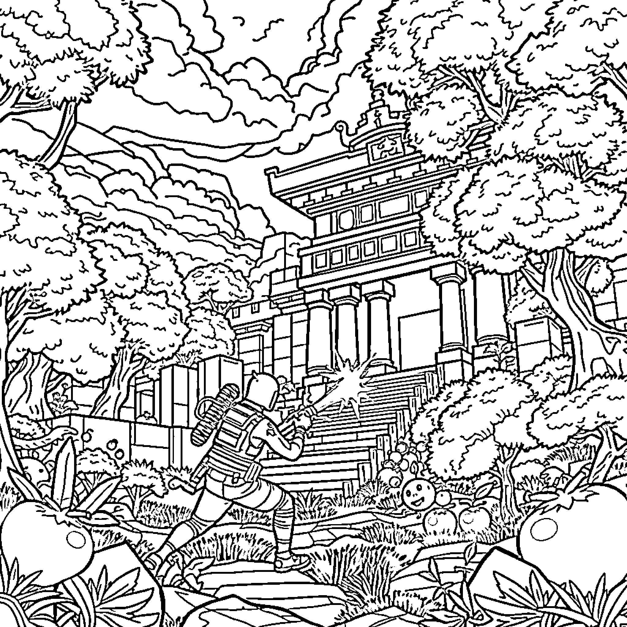 Fortnite Character Exploring Lush Fortified Landscape Coloring Page (free black-and-white line drawing printable PDF for all, from beginners to advanced learners, including children, teens, adults, and seniors)