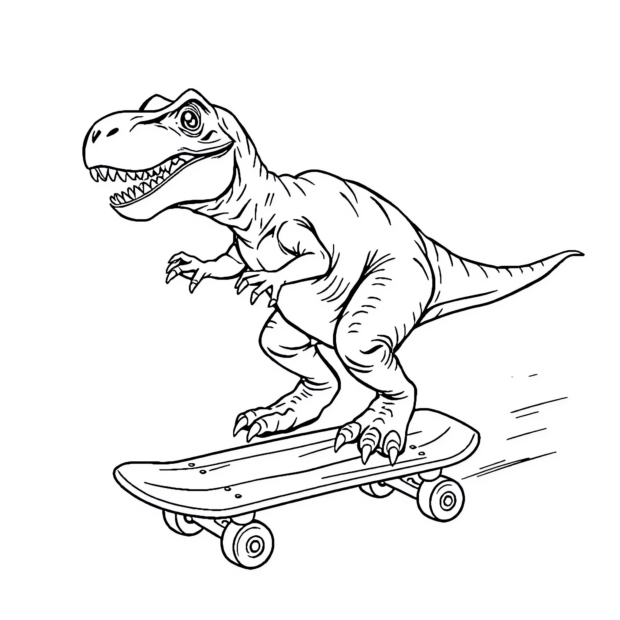 T-Rex riding skateboard with playful expression Coloring Page (free black-and-white line drawing printable PDF for all, from beginners to advanced learners, including children, teens, adults, and seniors)