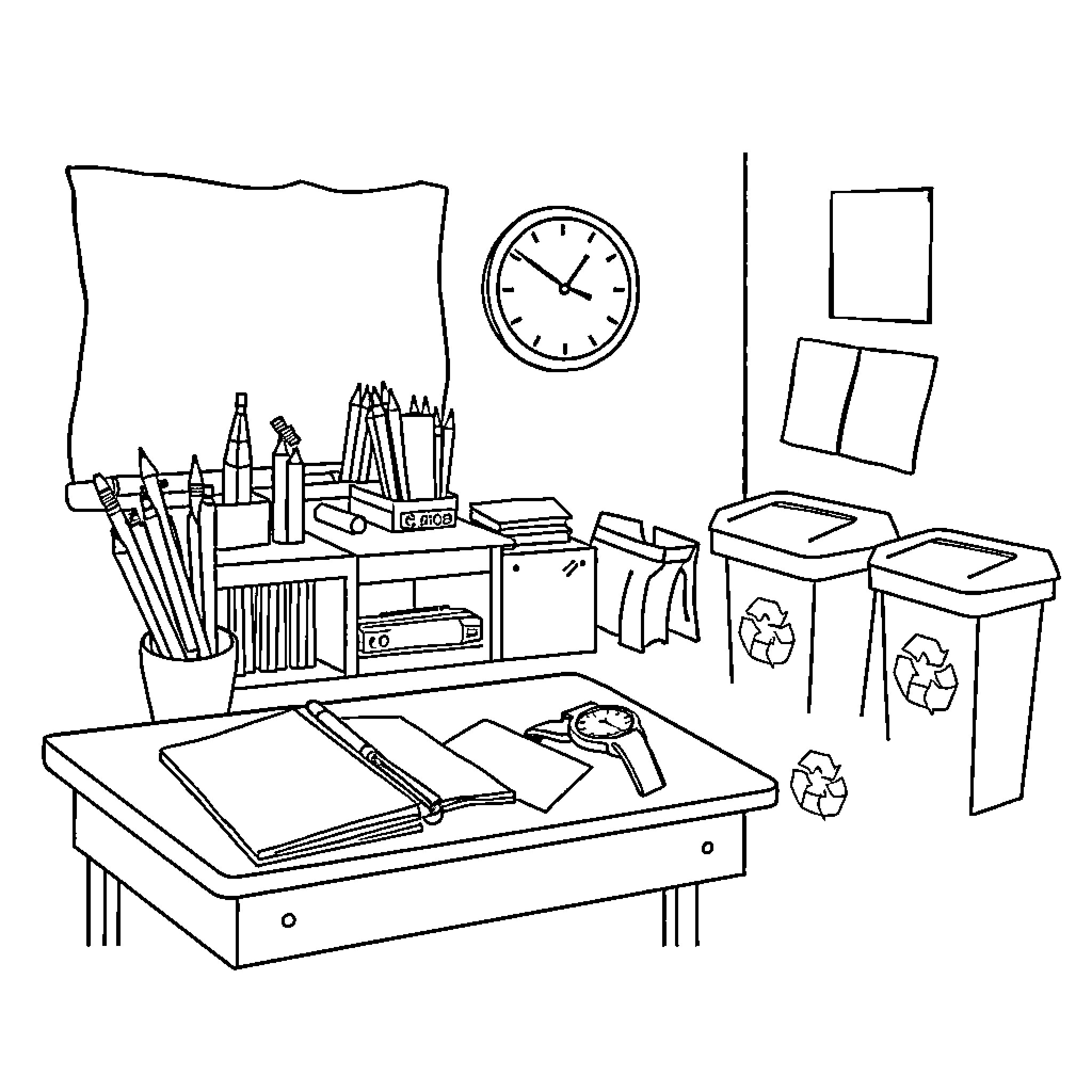 Stationery items in an organized office setting Coloring Page (free black-and-white line drawing printable PDF for all, from beginners to advanced learners, including children, teens, adults, and seniors)