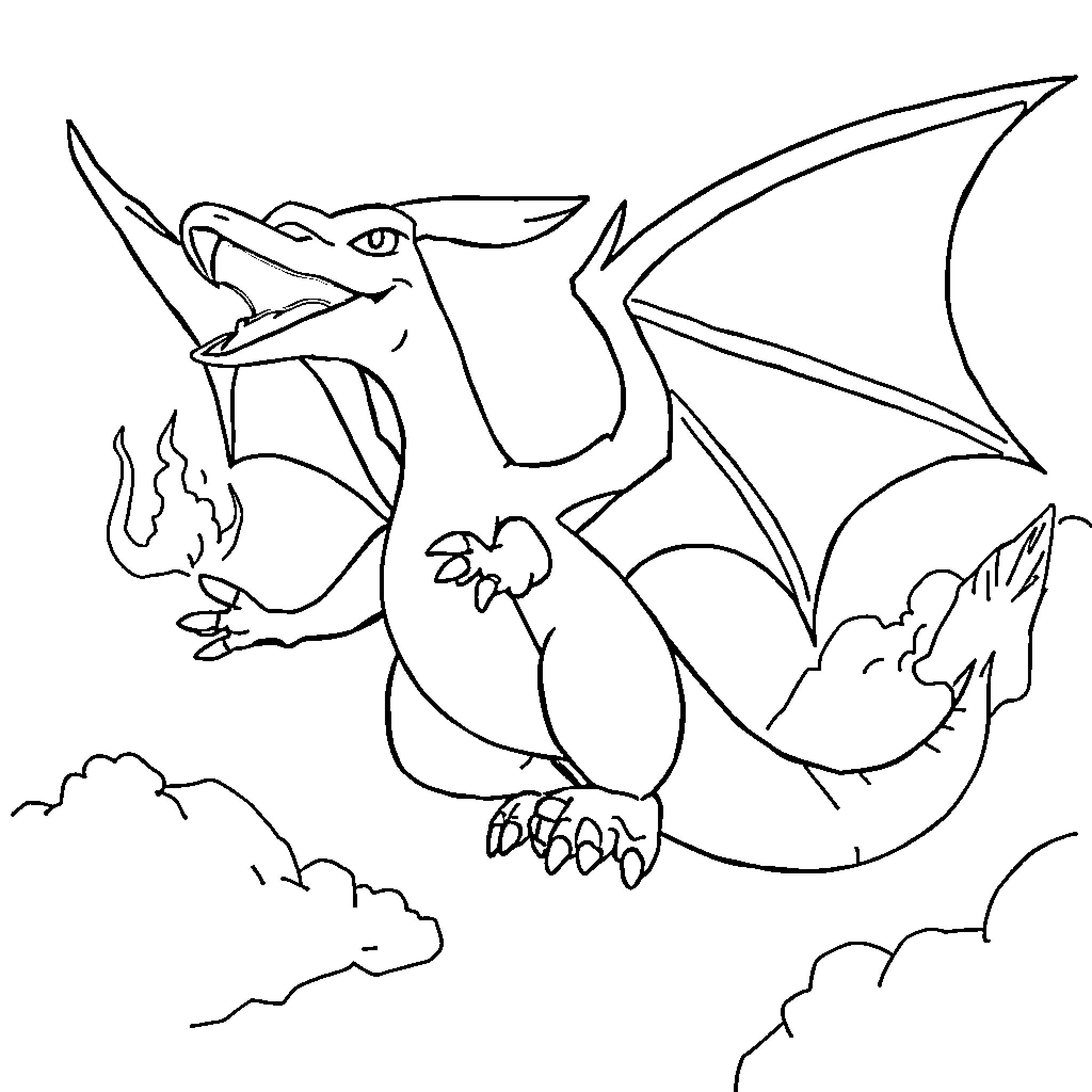 Charizard breathing fire in the sky Coloring Page (free black-and-white line drawing printable PDF for all, from beginners to advanced learners, including children, teens, adults, and seniors)