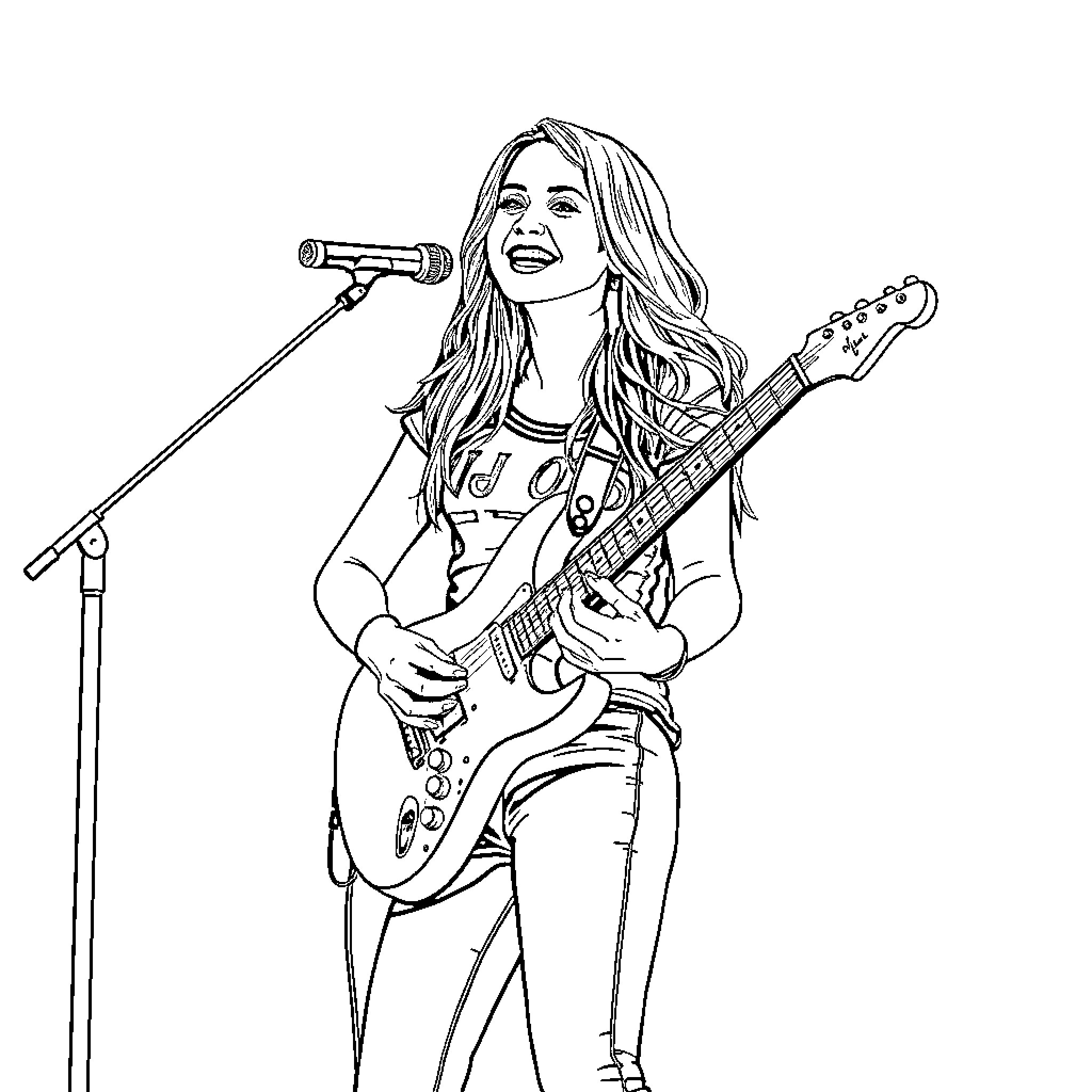 Avril Lavigne performing on stage with guitar Coloring Page (free black-and-white line drawing printable PDF for all, from beginners to advanced learners, including children, teens, adults, and seniors)
