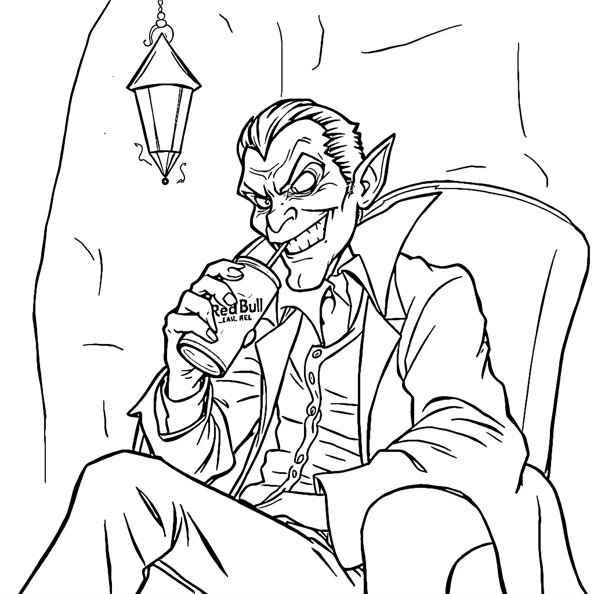 Vampire sipping energy drink in the night Coloring Page (free black-and-white line drawing printable PDF for all, from beginners to advanced learners, including children, teens, adults, and seniors)