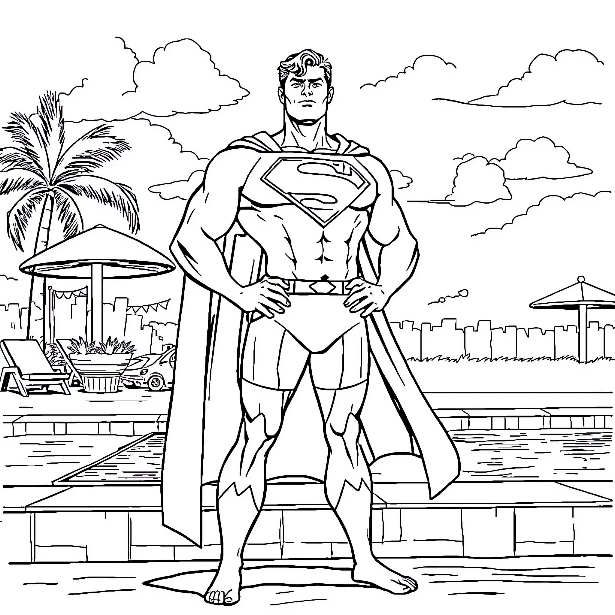 Superman standing heroically in tropical paradise Coloring Page (free black-and-white line drawing printable PDF for all, from beginners to advanced learners, including children, teens, adults, and seniors)