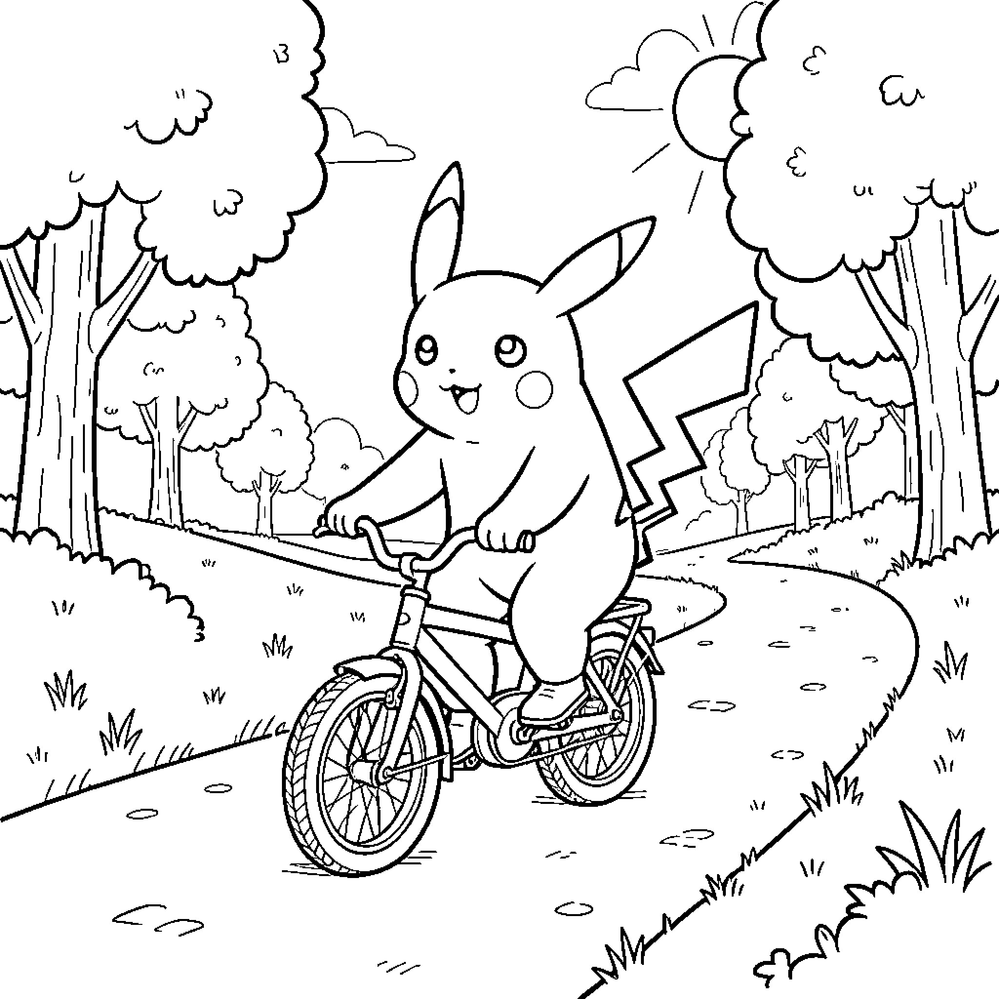 Pikachu riding a bicycle on a forest path Coloring Page (free black-and-white line drawing printable PDF for all, from beginners to advanced learners, including children, teens, adults, and seniors)