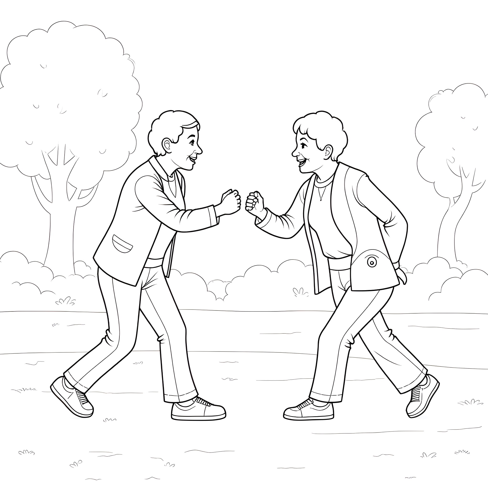 Grandma and Grandson Enjoying a Sunny Stroll Coloring Page (free black-and-white line drawing printable PDF for all, from beginners to advanced learners, including children, teens, adults, and seniors)