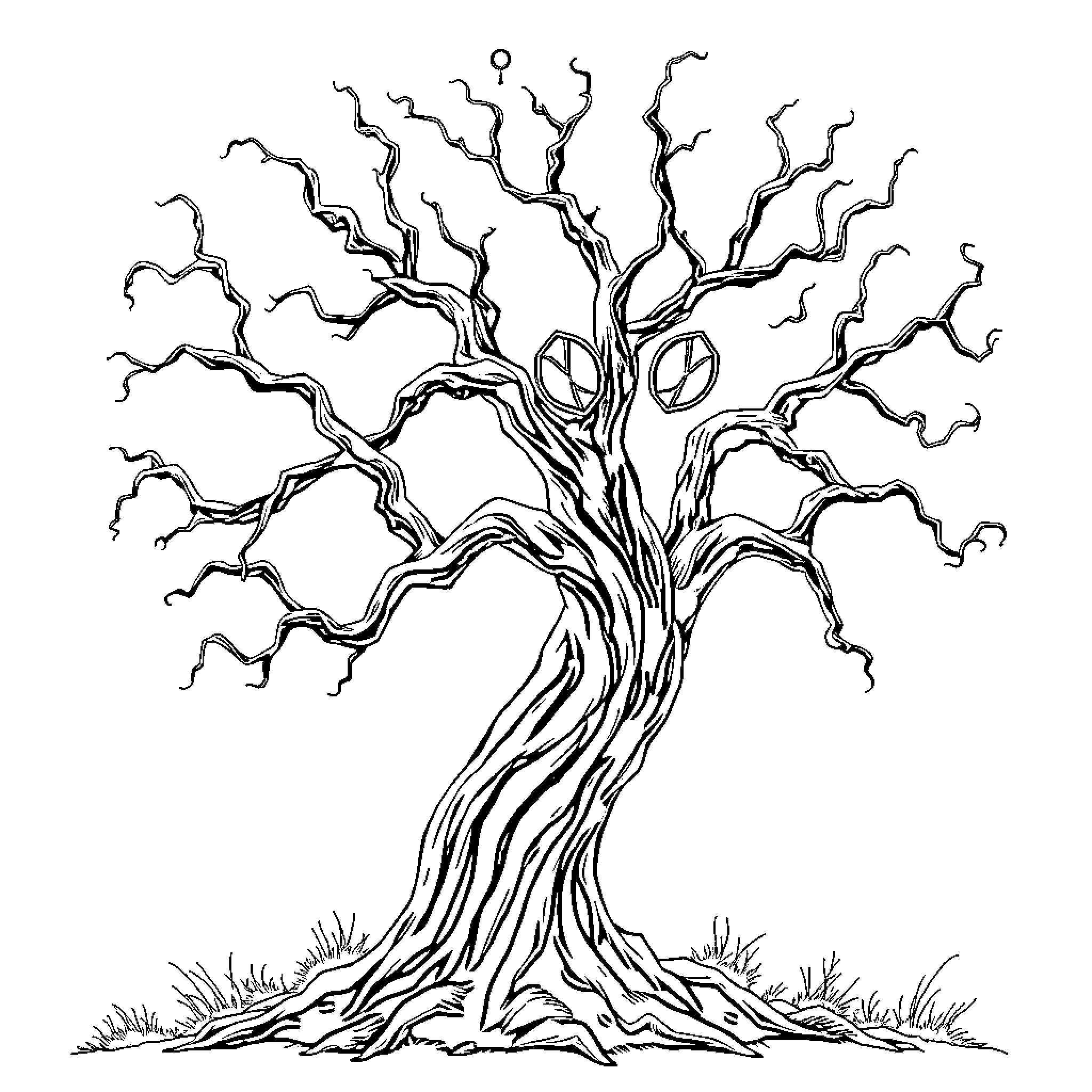 Tree with Intricate Branches and Eyes Coloring Page (free black-and-white line drawing printable PDF for all, from beginners to advanced learners, including children, teens, adults, and seniors)