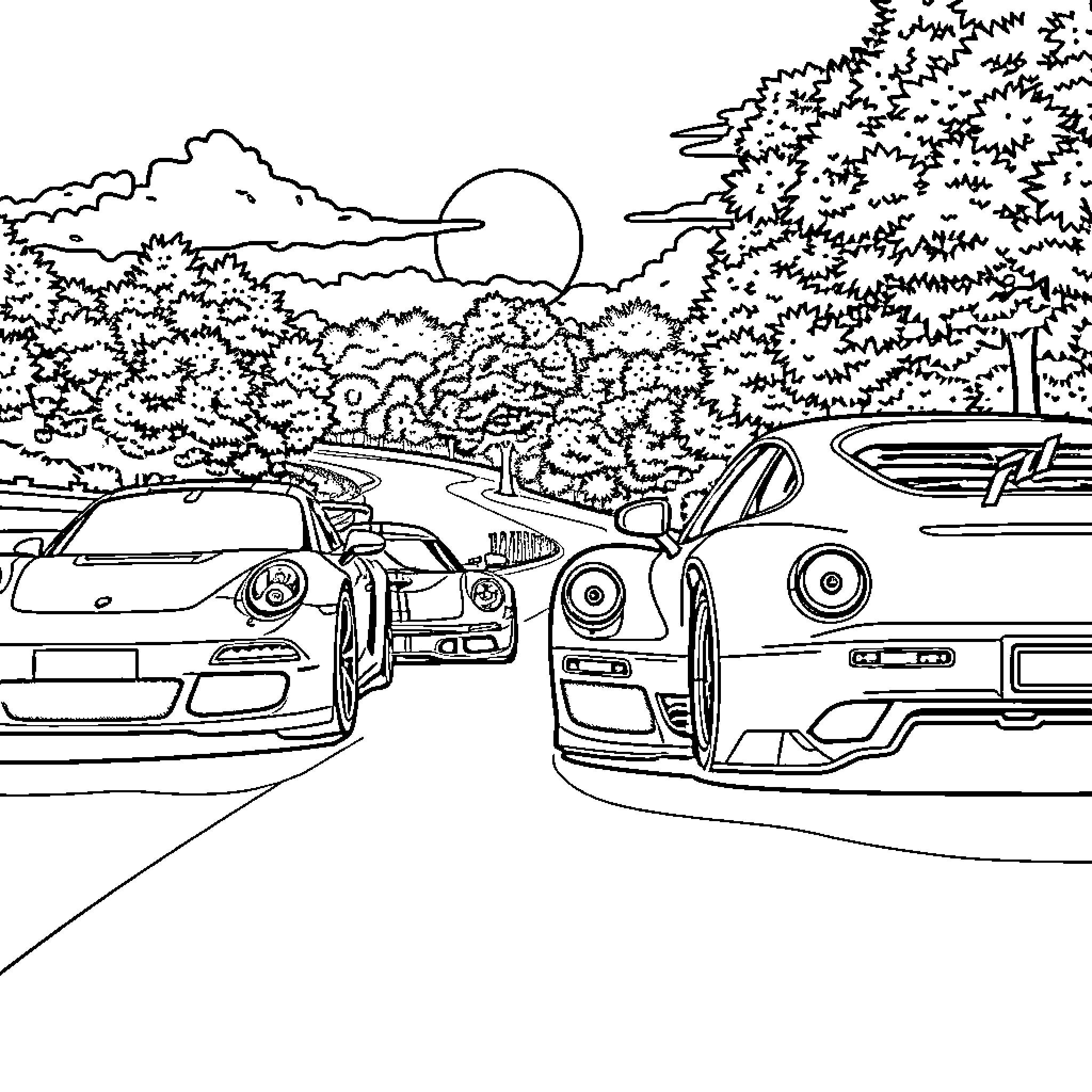 Racing Cars on a Scenic Mountain Road Coloring Page (free black-and-white line drawing printable PDF for all, from beginners to advanced learners, including children, teens, adults, and seniors)
