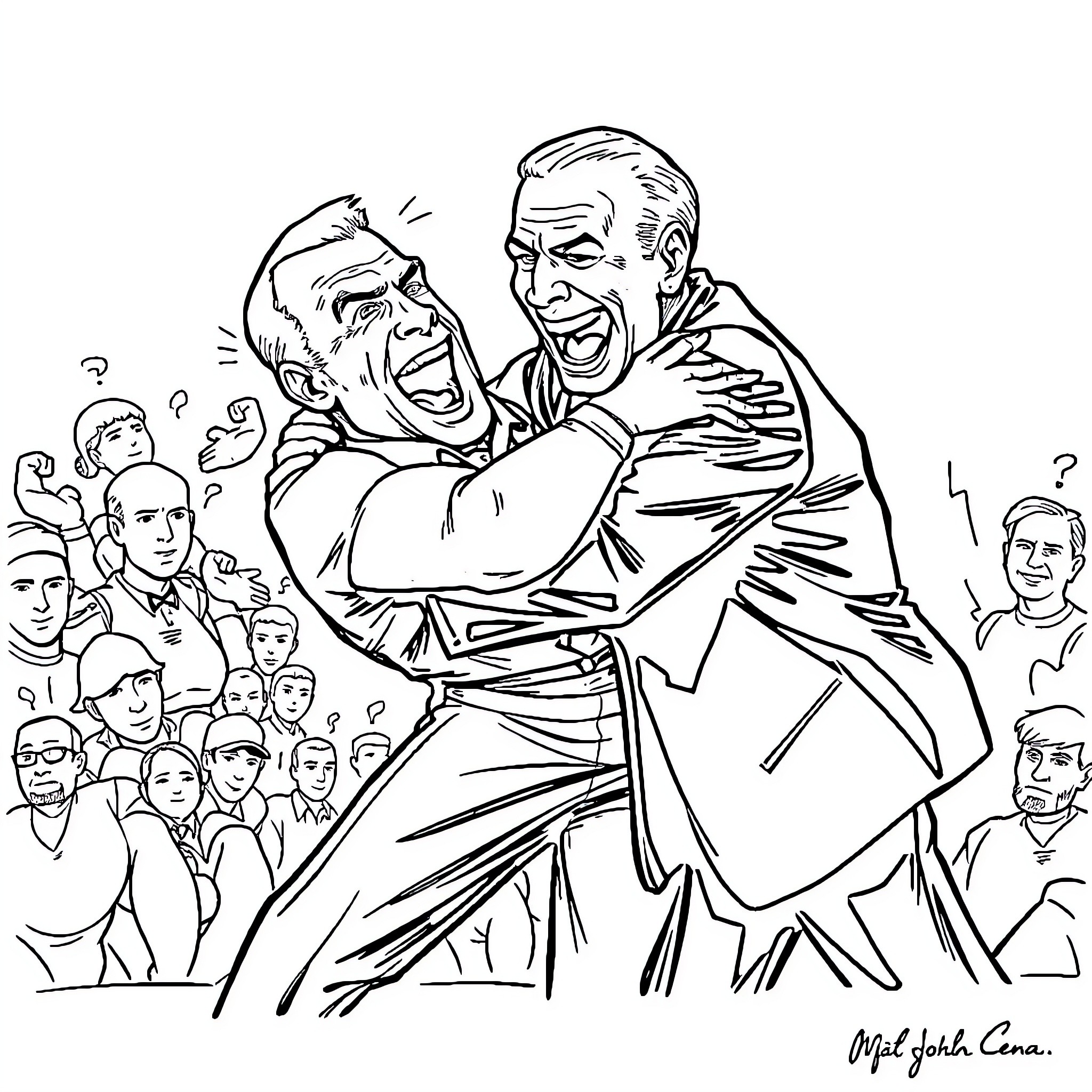 John Cena celebrating victory with fans Coloring Page (free black-and-white line drawing printable PDF for all, from beginners to advanced learners, including children, teens, adults, and seniors)