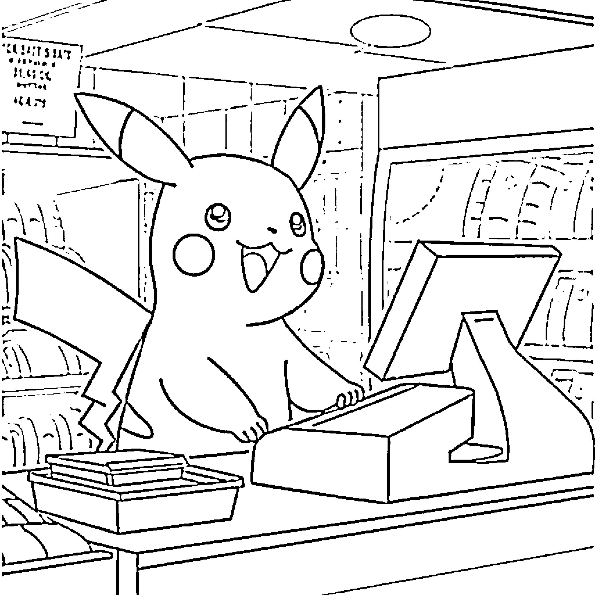 Pikachu working at a computer in an office Coloring Page (free black-and-white line drawing printable PDF for all, from beginners to advanced learners, including children, teens, adults, and seniors)