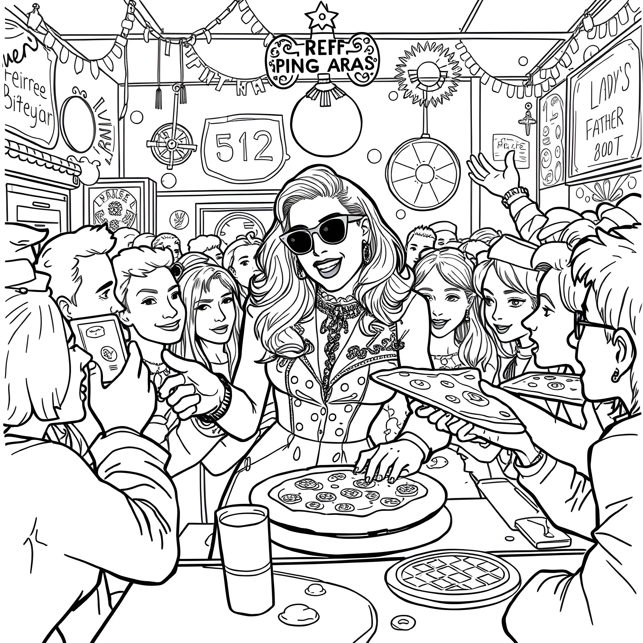 Lady Gaga Enjoying a Lively Celebration with Friends Coloring Page (free black-and-white line drawing printable PDF for all, from beginners to advanced learners, including children, teens, adults, and seniors)