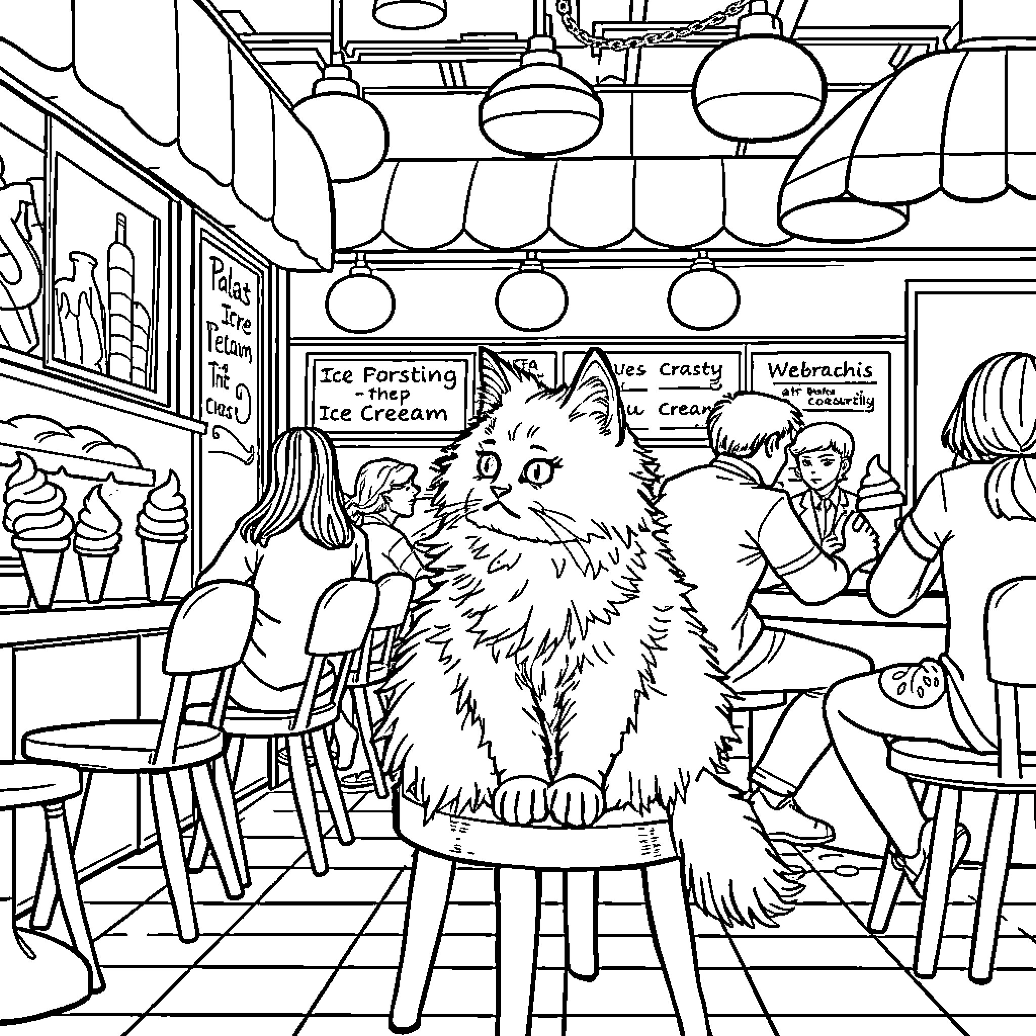 Cat Enjoying an Ice Cream Parlor Coloring Page (free black-and-white line drawing printable PDF for all, from beginners to advanced learners, including children, teens, adults, and seniors)