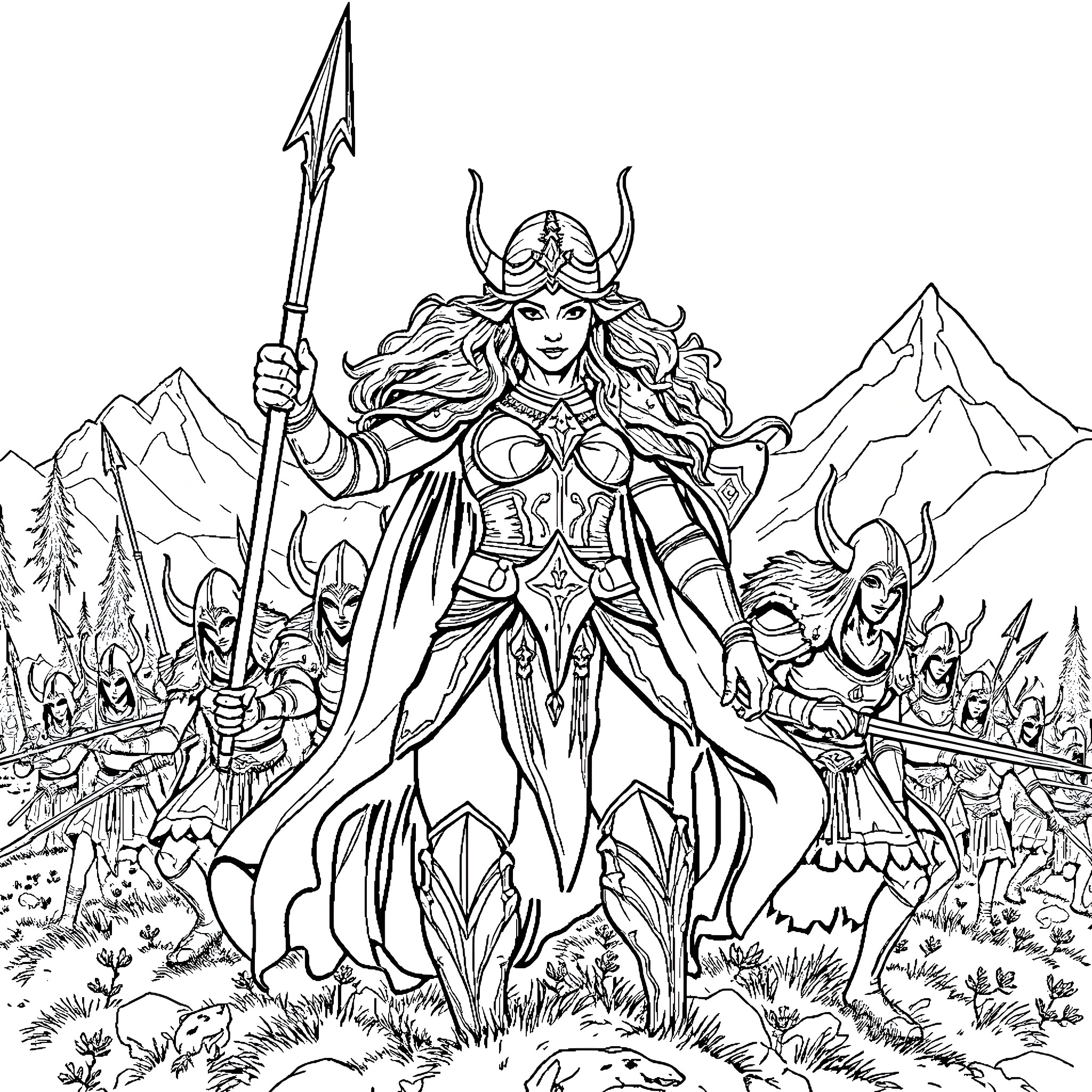 Warrior Goddess Commanding Her Army in Epic Battle Coloring Page (free black-and-white line drawing printable PDF for all, from beginners to advanced learners, including children, teens, adults, and seniors)