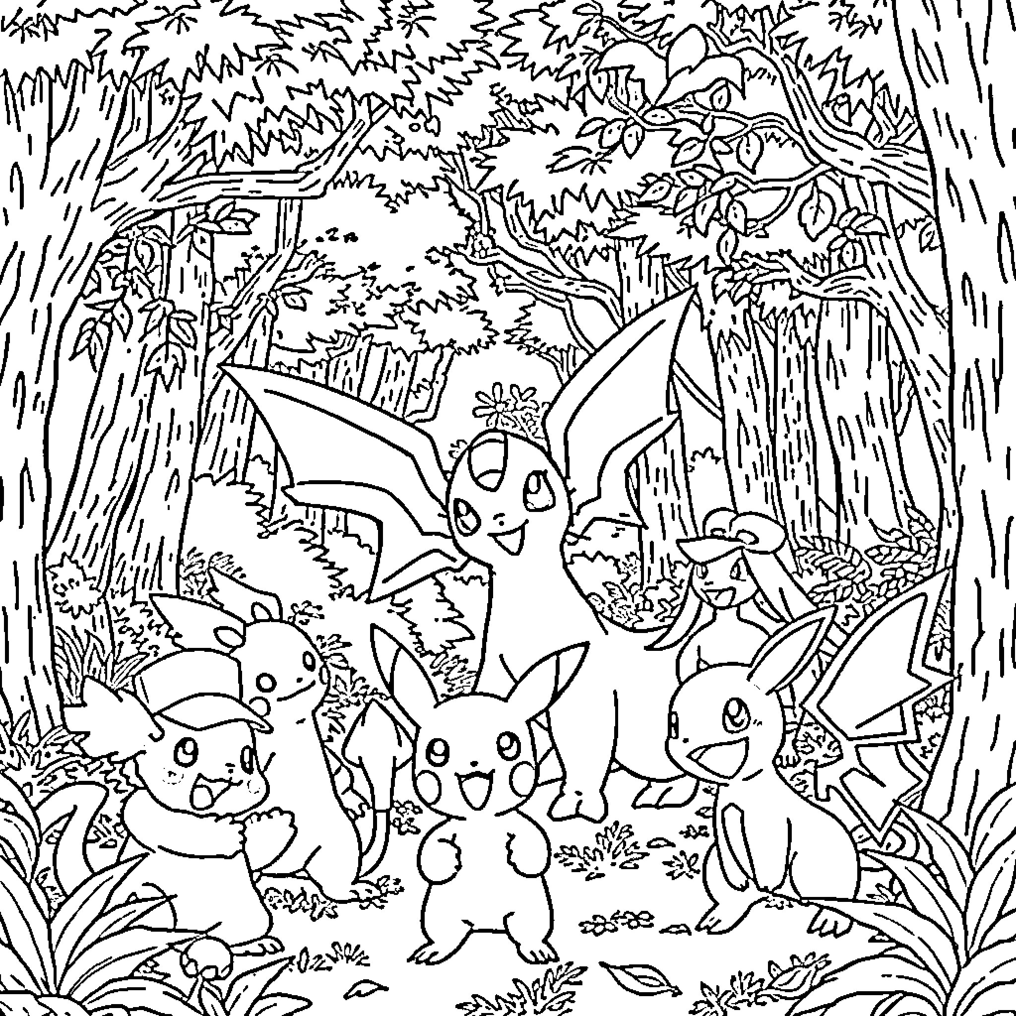 Pokémon characters exploring a whimsical forest Coloring Page (free black-and-white line drawing printable PDF for all, from beginners to advanced learners, including children, teens, adults, and seniors)