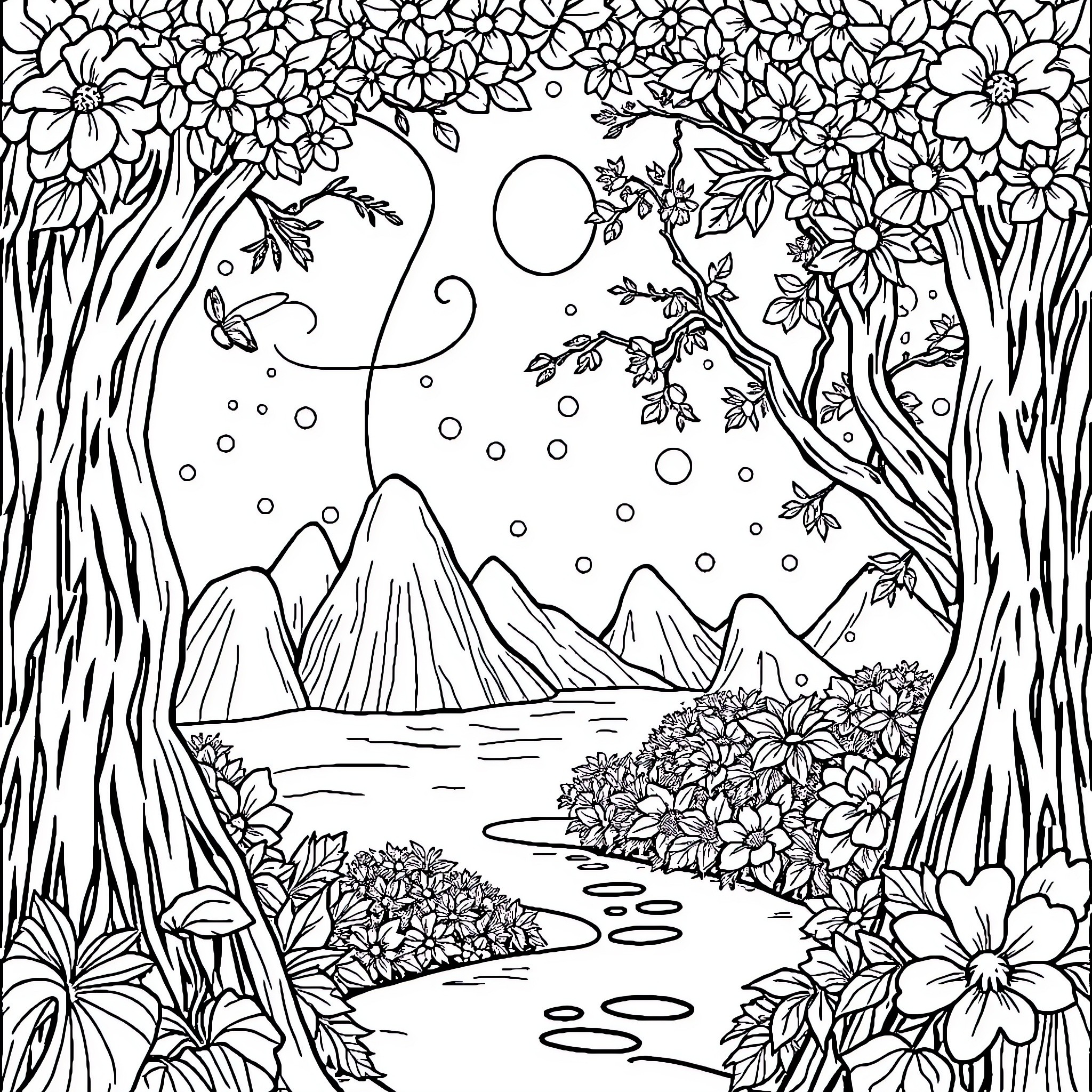 Cat in a Whimsical Forest Landscape Coloring Page (free black-and-white line drawing printable PDF for all, from beginners to advanced learners, including children, teens, adults, and seniors)