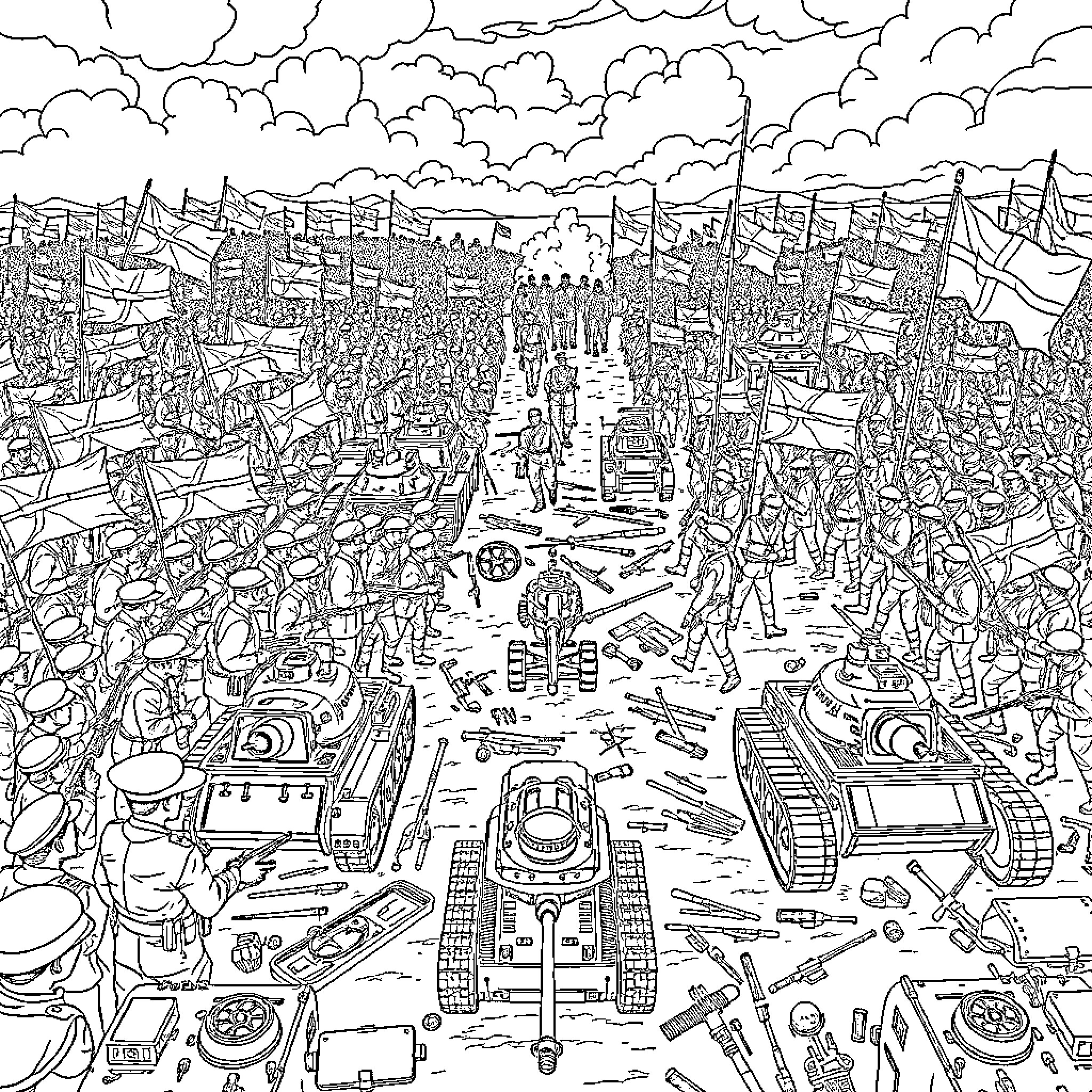 Army Marching Amidst Chaos and Combat Equipment Coloring Page (free black-and-white line drawing printable PDF for all, from beginners to advanced learners, including children, teens, adults, and seniors)