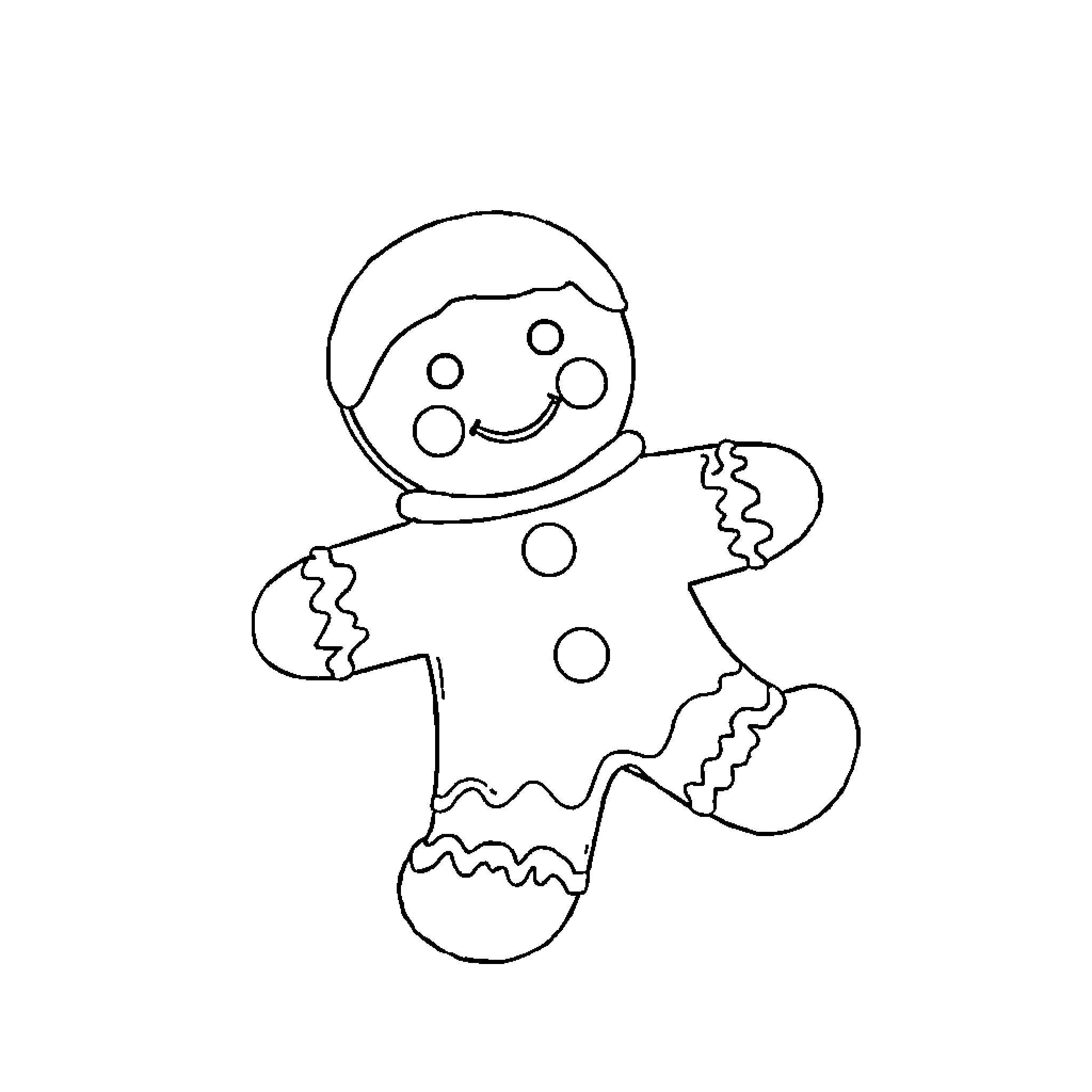 Gingerbread Man jumping and smiling happily Coloring Page (free black-and-white line drawing printable PDF for all, from beginners to advanced learners, including children, teens, adults, and seniors)