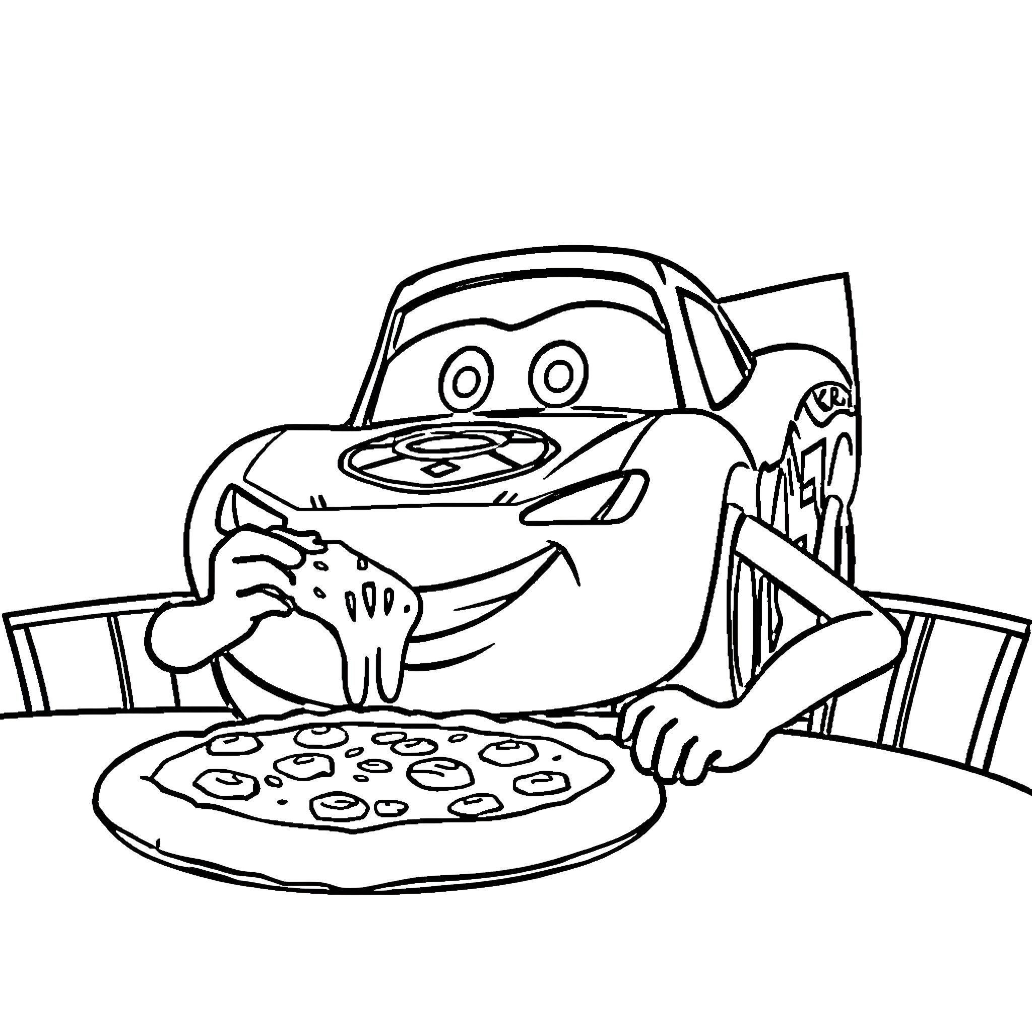 Lightning McQueen Enjoying a Tasty Pizza Coloring Page (free black-and-white line drawing printable PDF for all, from beginners to advanced learners, including children, teens, adults, and seniors)