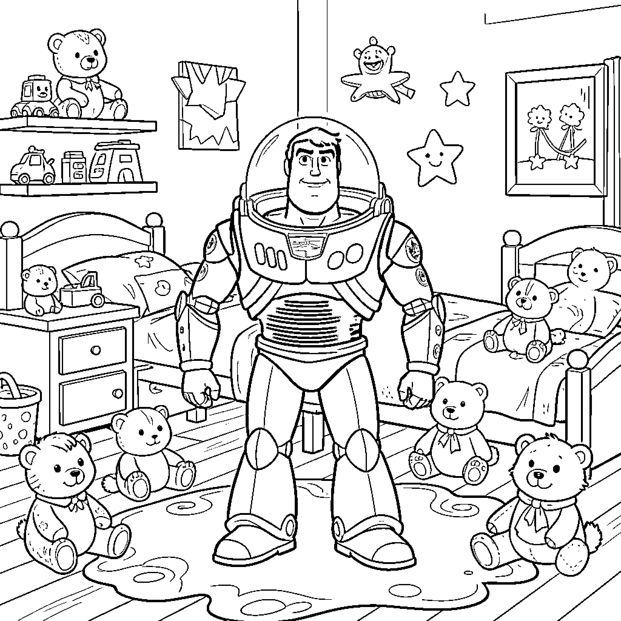 Buzz Lightyear standing heroically in a child's bedroom Coloring Page (free black-and-white line drawing printable PDF for all, from beginners to advanced learners, including children, teens, adults, and seniors)