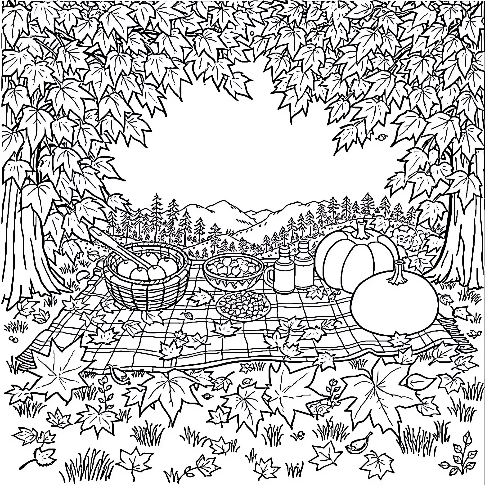 Picnic in the Autumn Wonderland Coloring Page (free black-and-white line drawing printable PDF for all, from beginners to advanced learners, including children, teens, adults, and seniors)