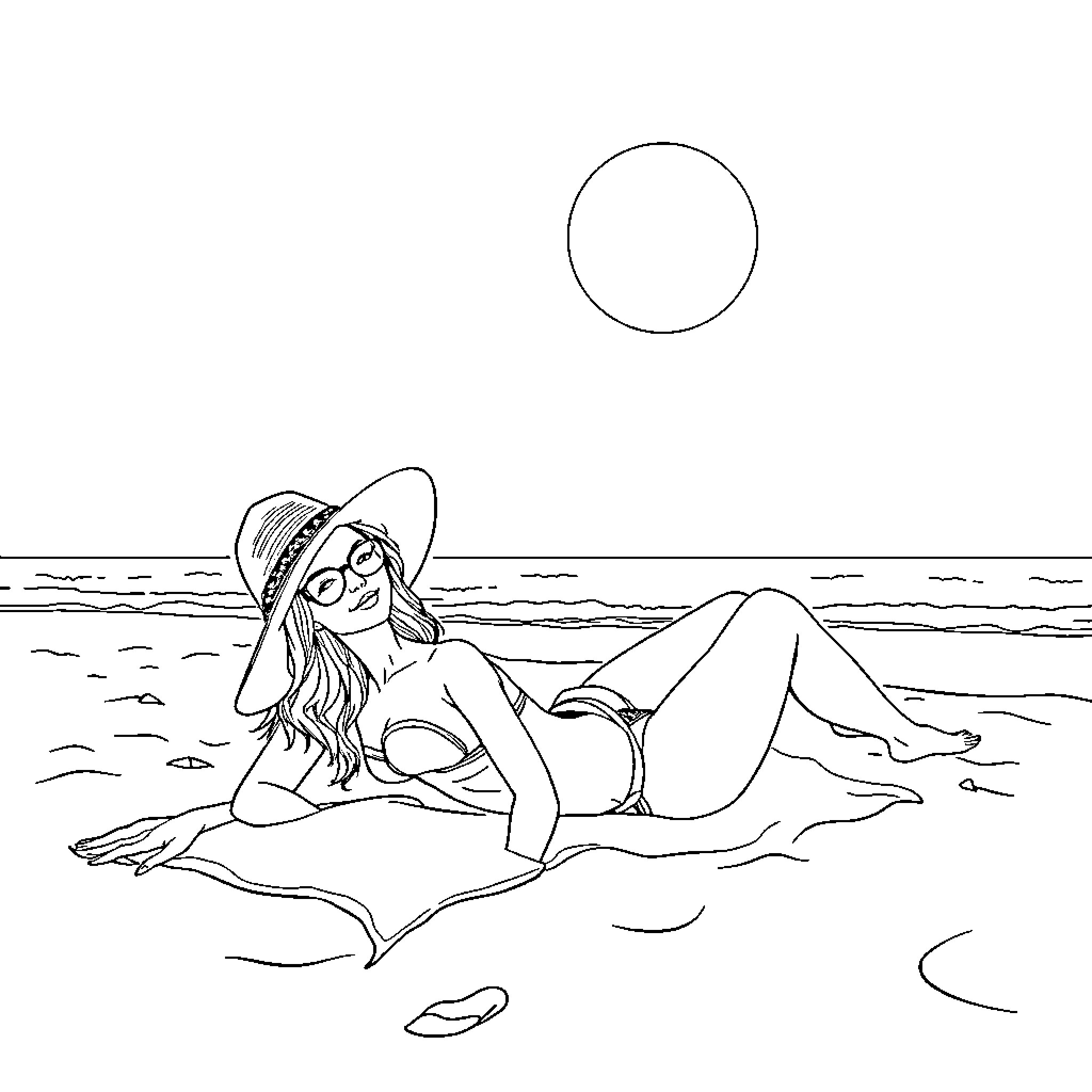 Girl relaxing on the beach under the sun Coloring Page (free black-and-white line drawing printable PDF for all, from beginners to advanced learners, including children, teens, adults, and seniors)