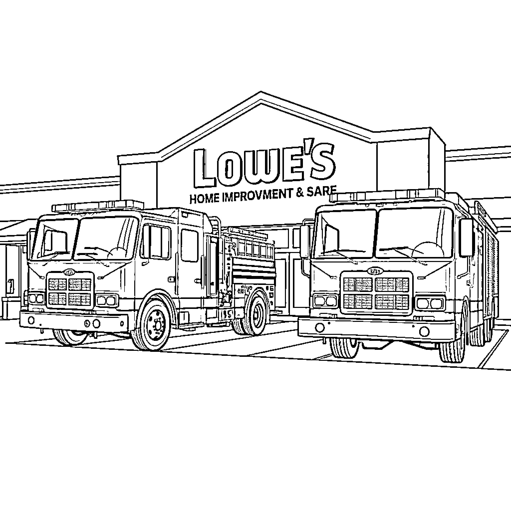 Fire Trucks in front of Lowe's Home Improvement Store Coloring Page (free black-and-white line drawing printable PDF for all, from beginners to advanced learners, including children, teens, adults, and seniors)
