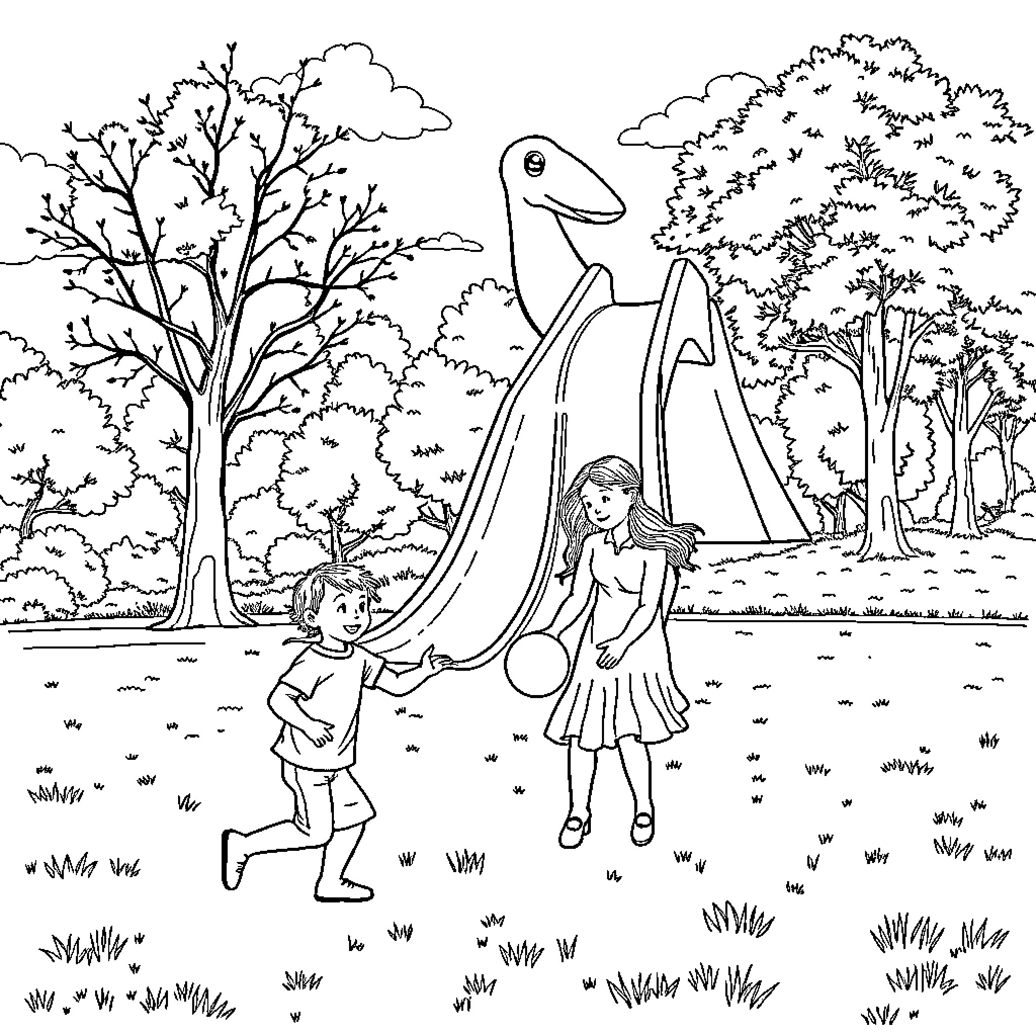 Niño and girl playing with a friendly dinosaur in the forest Coloring Page (free black-and-white line drawing printable PDF for all, from beginners to advanced learners, including children, teens, adults, and seniors)
