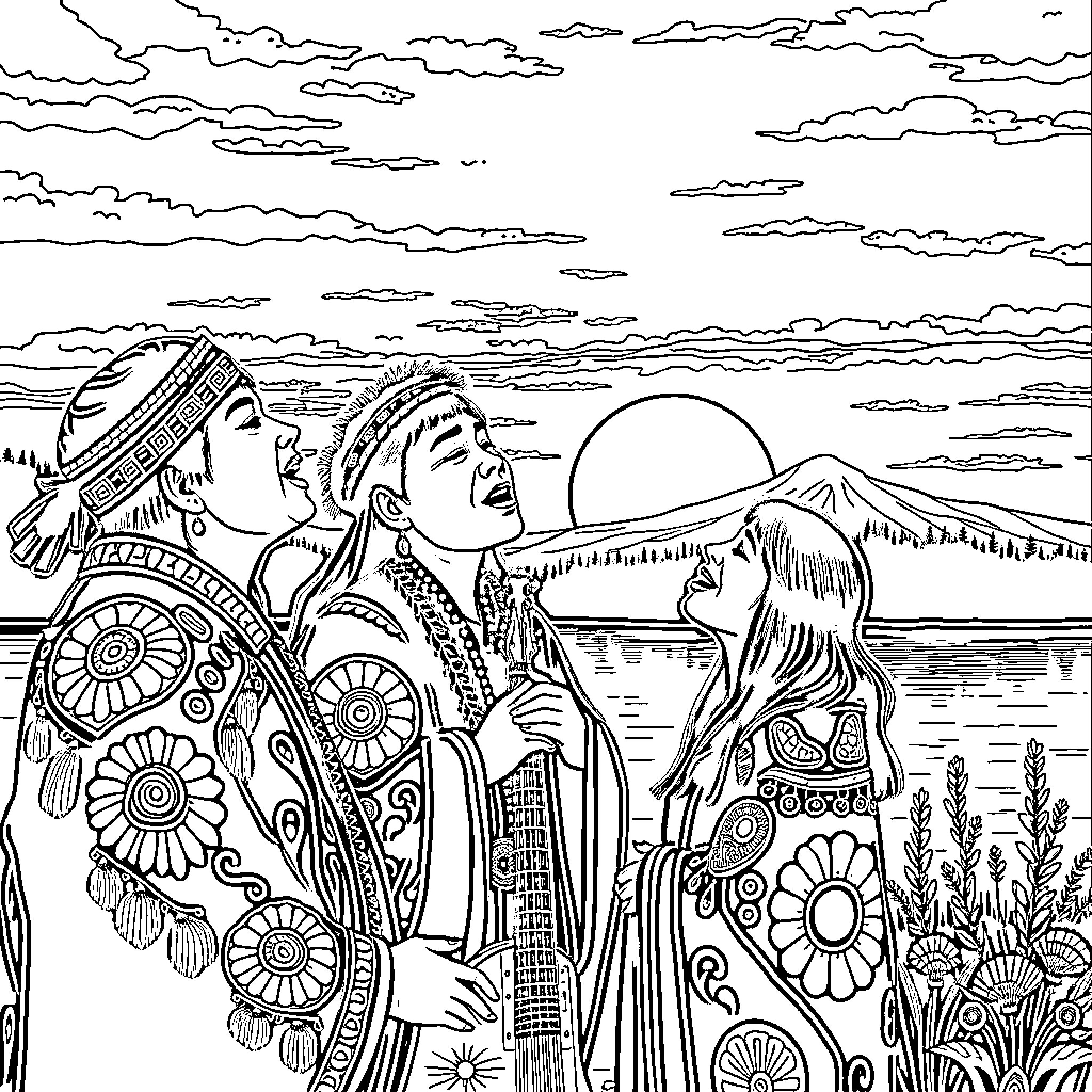 Singer Performing with Colorful Costumes in Scenic Setting Coloring Page (free black-and-white line drawing printable PDF for all, from beginners to advanced learners, including children, teens, adults, and seniors)