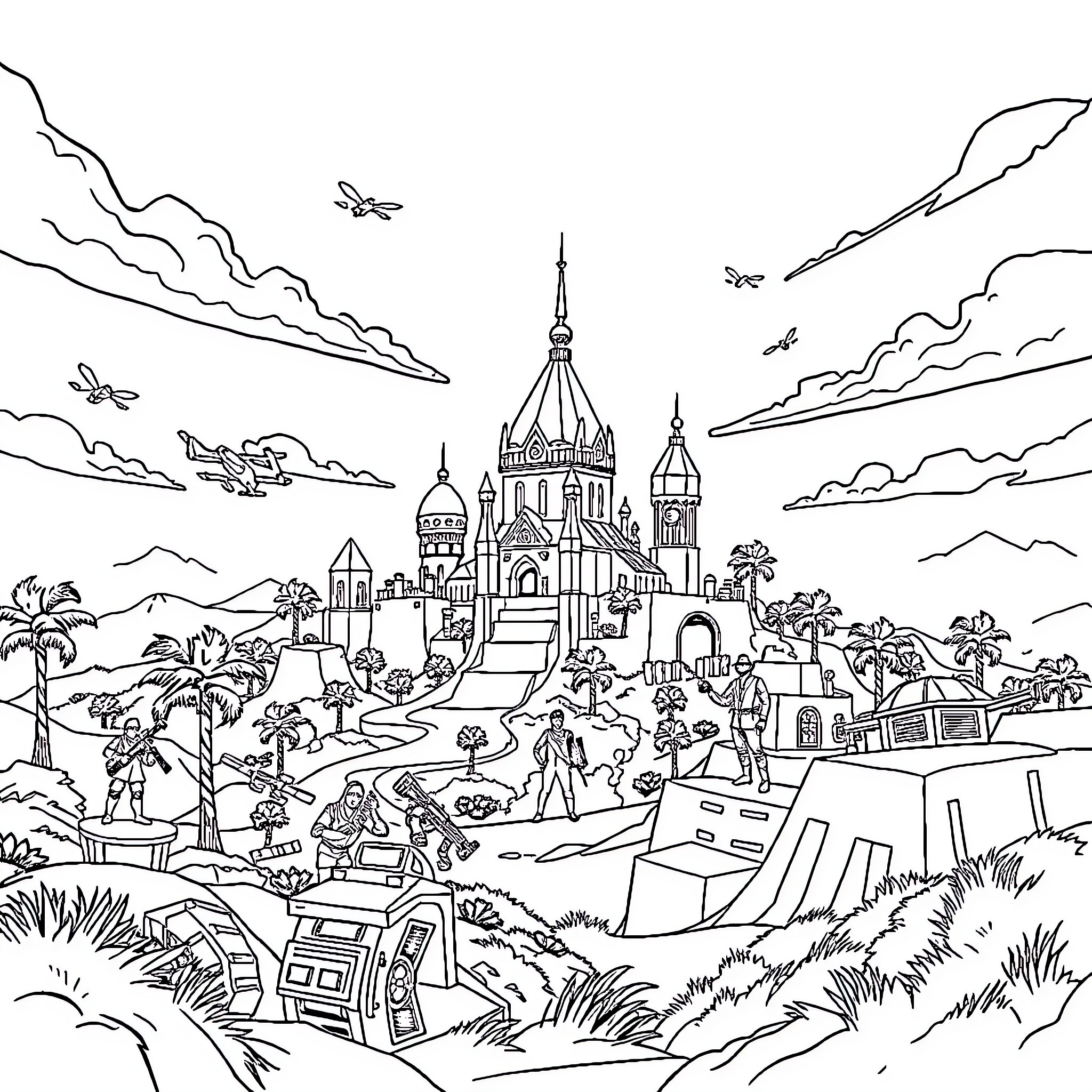 Fortnite: Epic Battle in Fantastical Landscape Coloring Page (free black-and-white line drawing printable PDF for all, from beginners to advanced learners, including children, teens, adults, and seniors)
