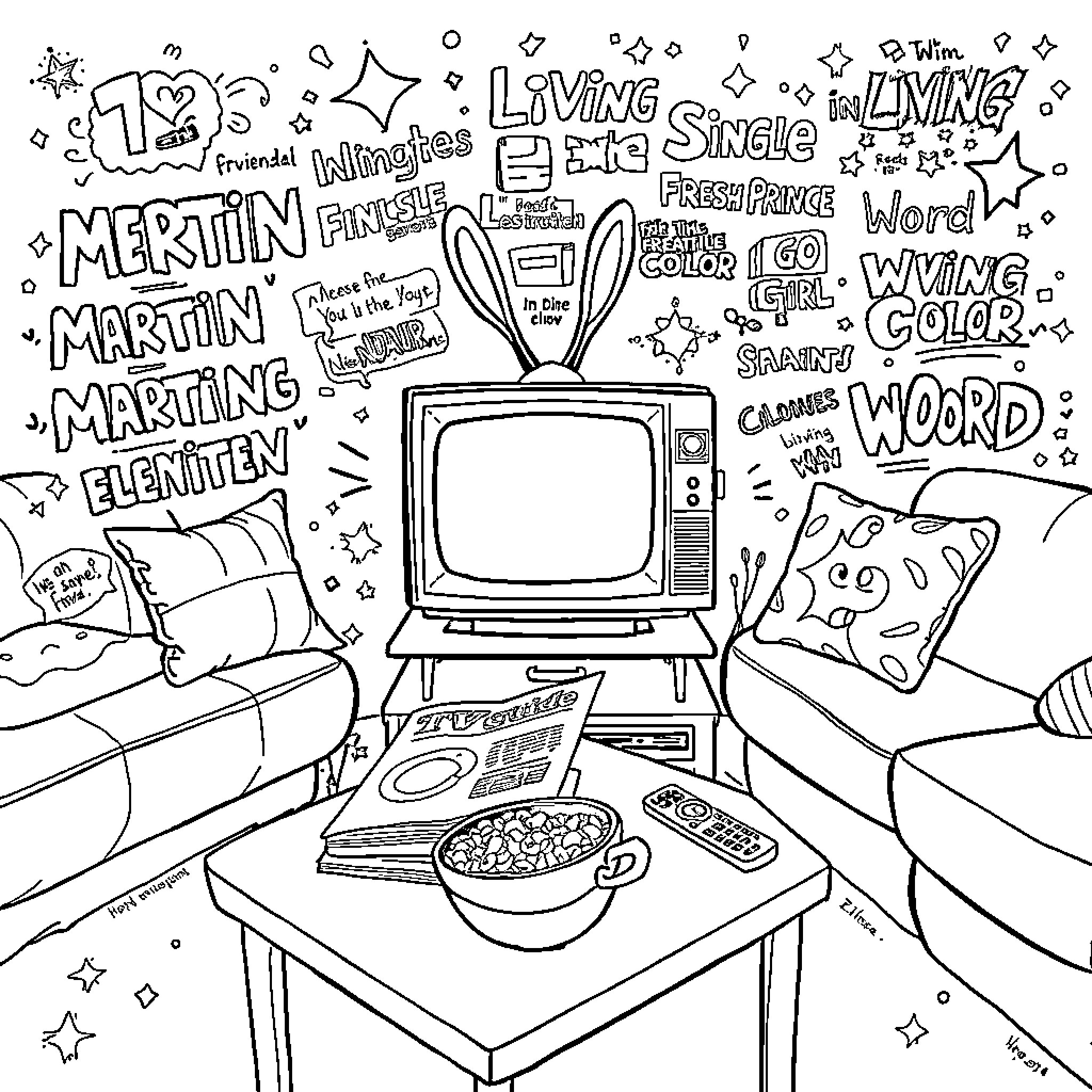 Living Room with Playful Decor and Electronics Coloring Page (free black-and-white line drawing printable PDF for all, from beginners to advanced learners, including children, teens, adults, and seniors)