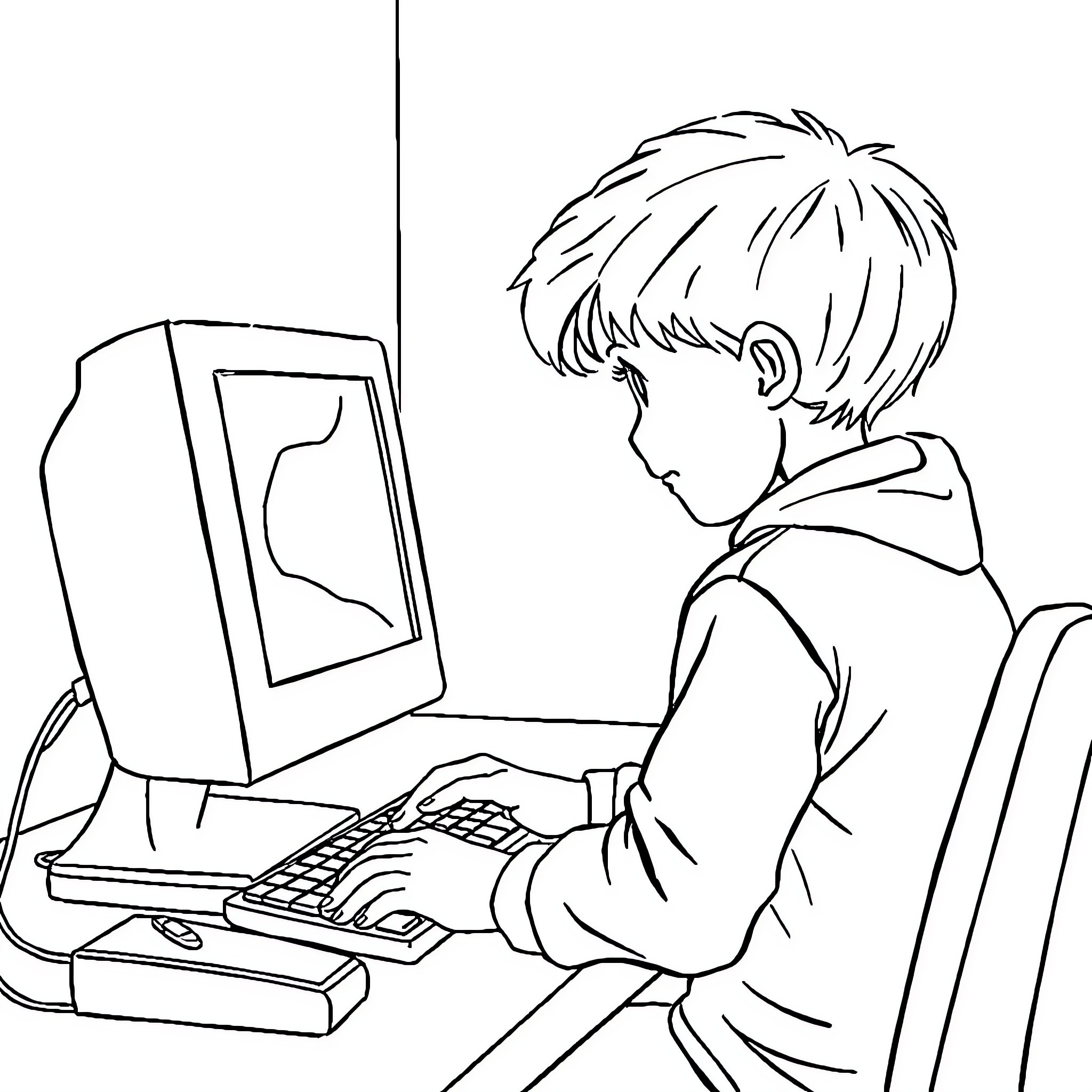 Child using computer intently Coloring Page (free black-and-white line drawing printable PDF for all, from beginners to advanced learners, including children, teens, adults, and seniors)