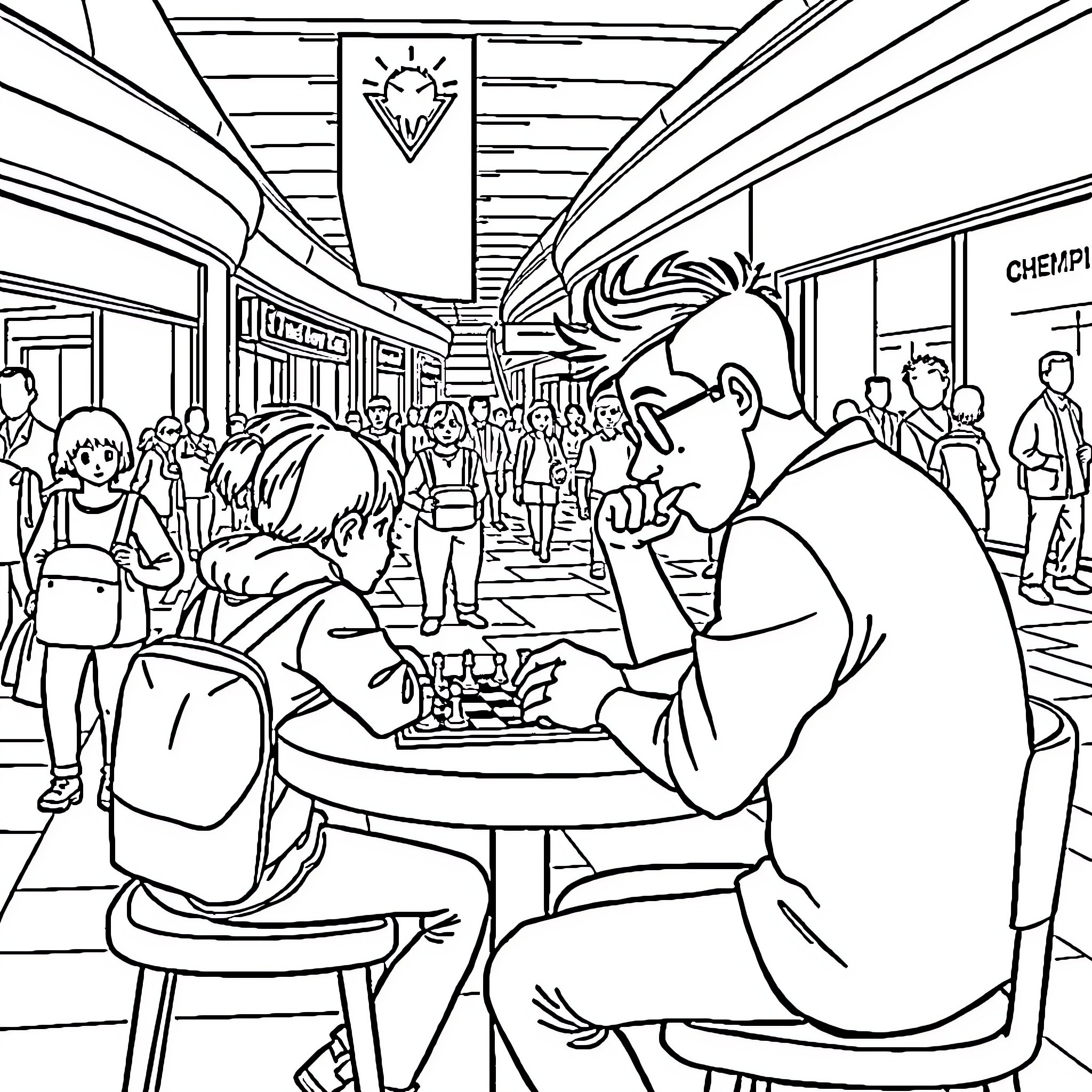 Bluey playing chess with friends in a bustling train station Coloring Page (free black-and-white line drawing printable PDF for all, from beginners to advanced learners, including children, teens, adults, and seniors)