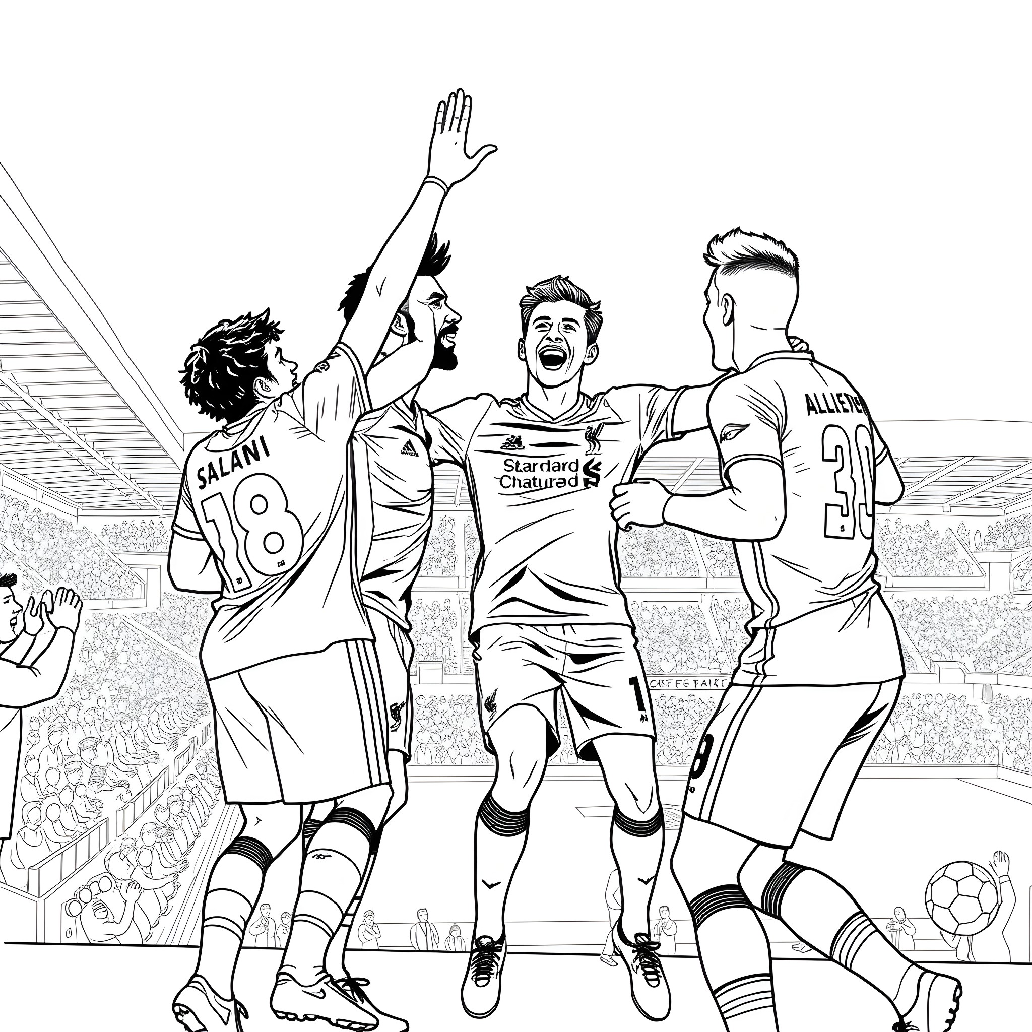 Football Players Celebrating Victory on the Field Coloring Page (free black-and-white line drawing printable PDF for all, from beginners to advanced learners, including children, teens, adults, and seniors)