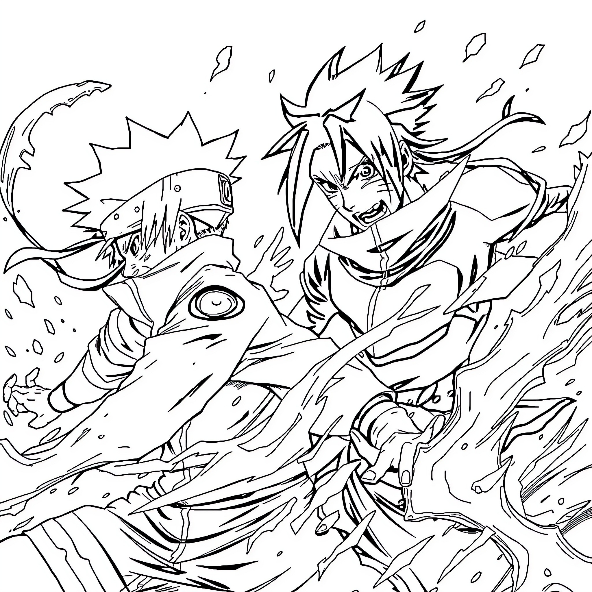 Naruto and Sasuke's Intense Ninja Battle Coloring Page (free black-and-white line drawing printable PDF for all, from beginners to advanced learners, including children, teens, adults, and seniors)