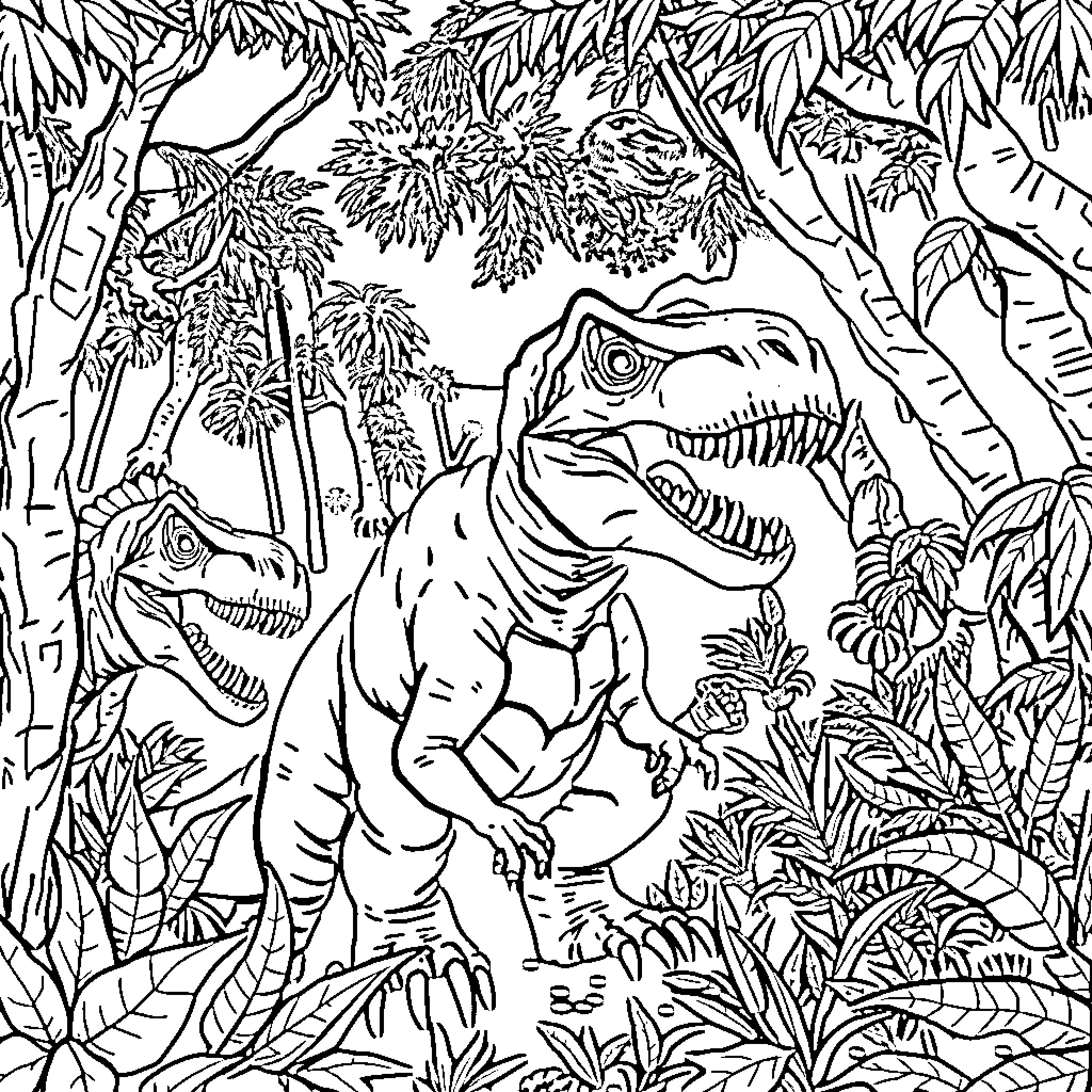 Dinosaurs roaming in the lush jungle Coloring Page (free black-and-white line drawing printable PDF for all, from beginners to advanced learners, including children, teens, adults, and seniors)