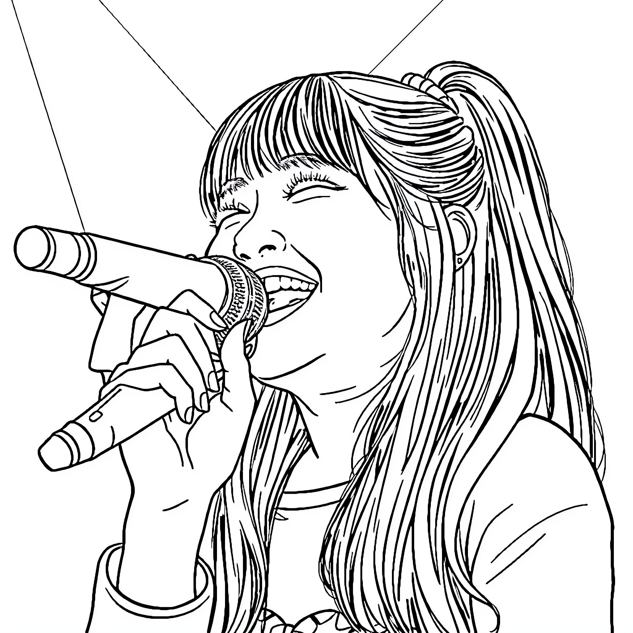 Jennie performing on stage with microphone Coloring Page (free black-and-white line drawing printable PDF for all, from beginners to advanced learners, including children, teens, adults, and seniors)