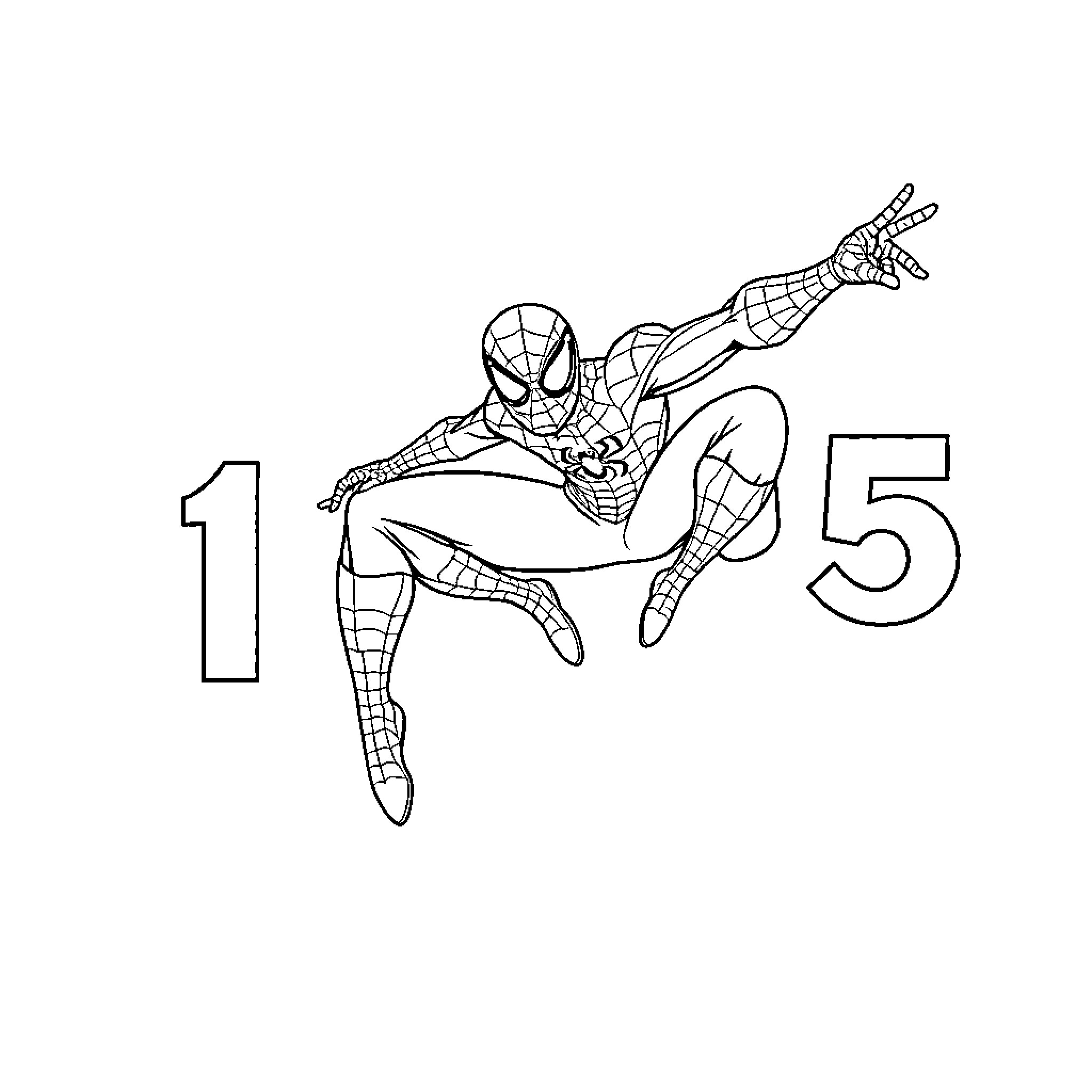 Spiderman jumping excitedly with numbers in the background Coloring Page (free black-and-white line drawing printable PDF for all, from beginners to advanced learners, including children, teens, adults, and seniors)