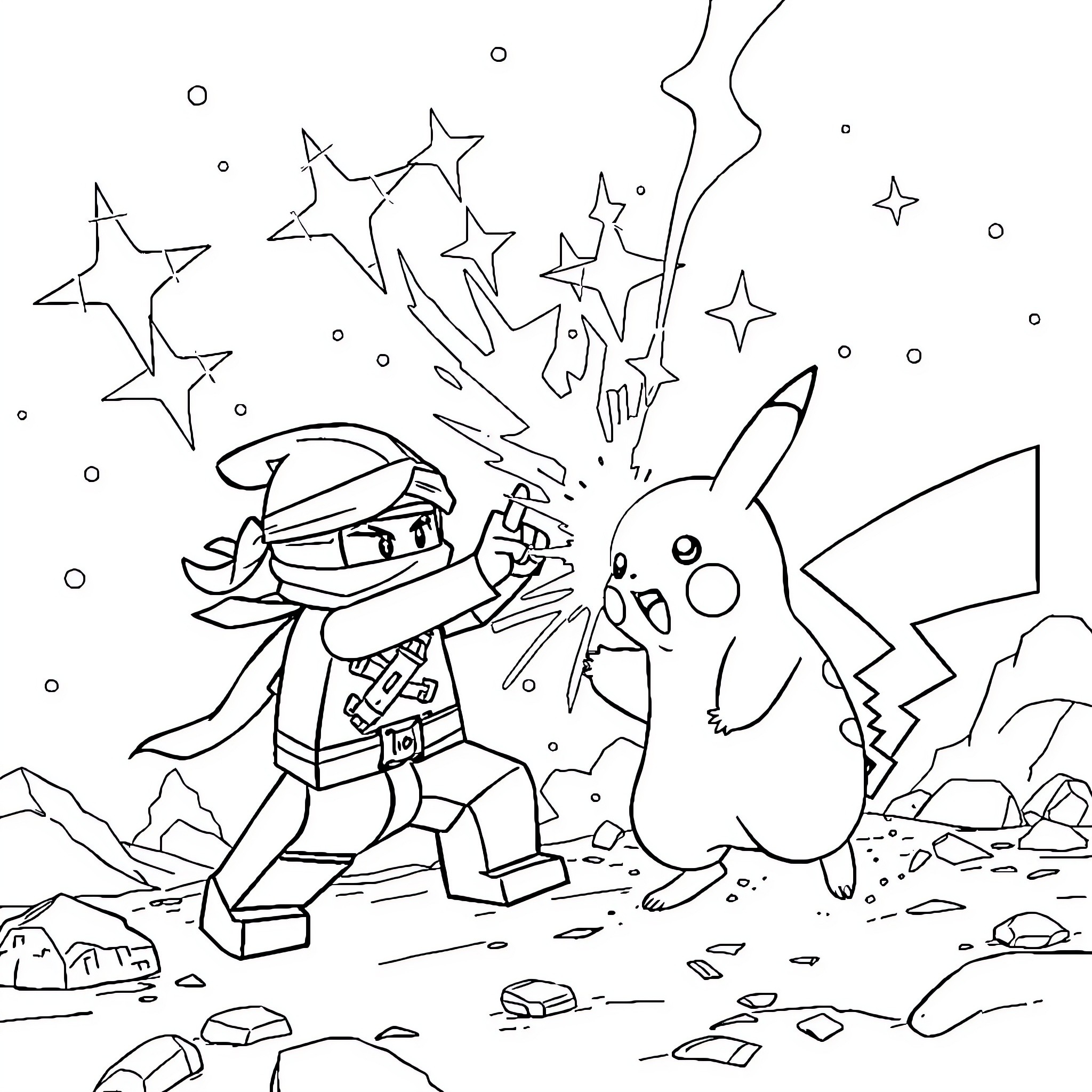 Ninjago heroes facing off against Pikachu in cosmic battle Coloring Page (free black-and-white line drawing printable PDF for all, from beginners to advanced learners, including children, teens, adults, and seniors)